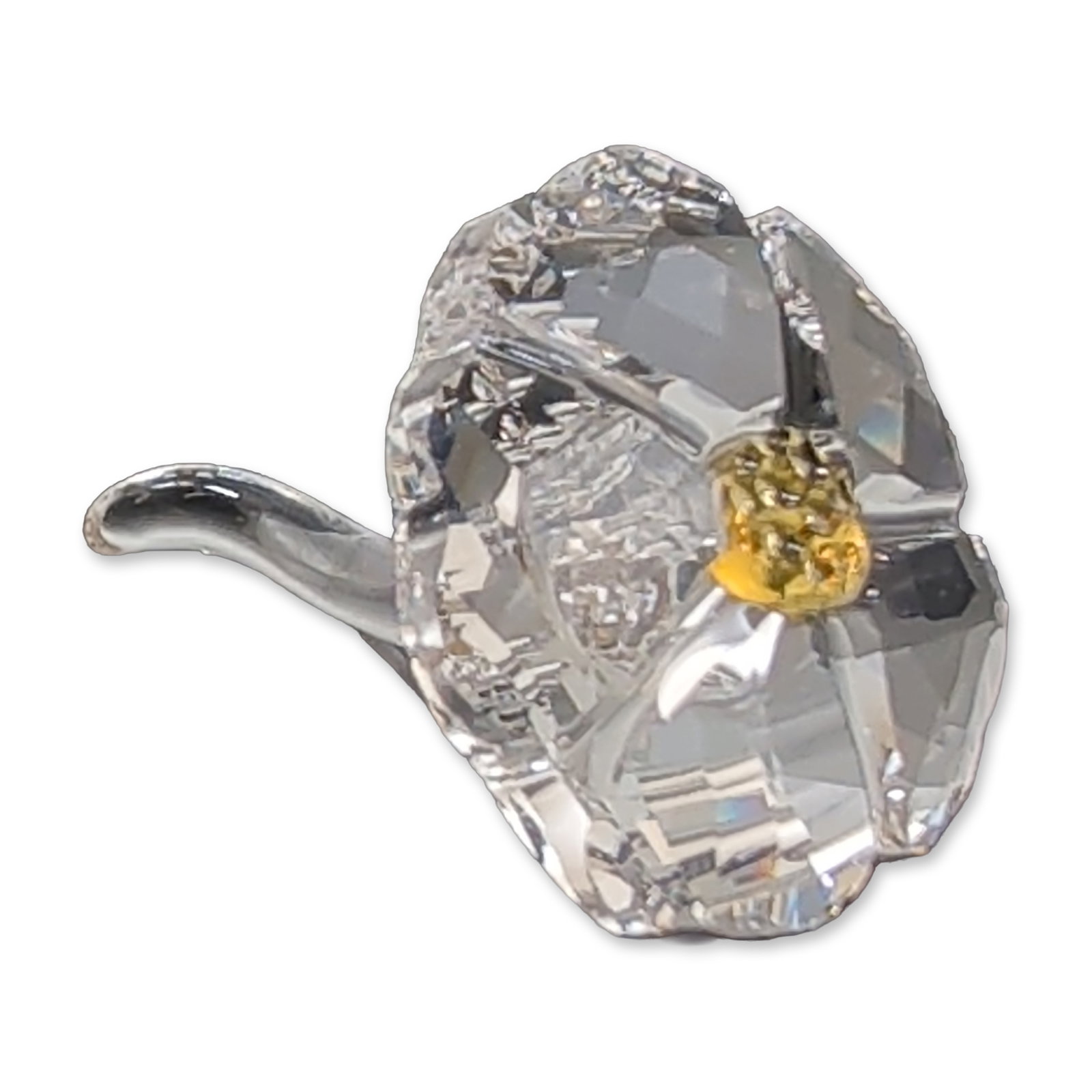 Swarovski Crystal 2017 SCS Wild Flower Figurine: Swarovski Crystal Society (SCS) 2017 membership gift figurine titled Wild Flower, model number 5244642. The piece is constructed from faceted clear and yellow crystal with a smooth clear crystal stem.