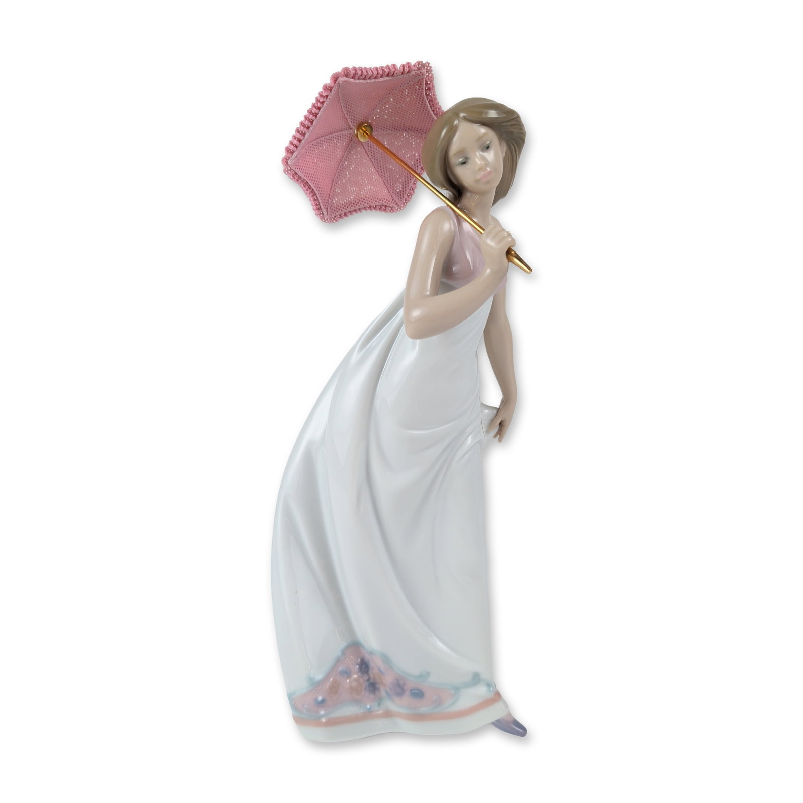 Lladro Afternoon Promenade Porcelain Figurine: Lladro porcelain figurine titled Afternoon Promenade, model number 7636. This 1995 Collectors Society annual release features a woman in a flowing white gown with a pink bodice, holding a pink lace pa