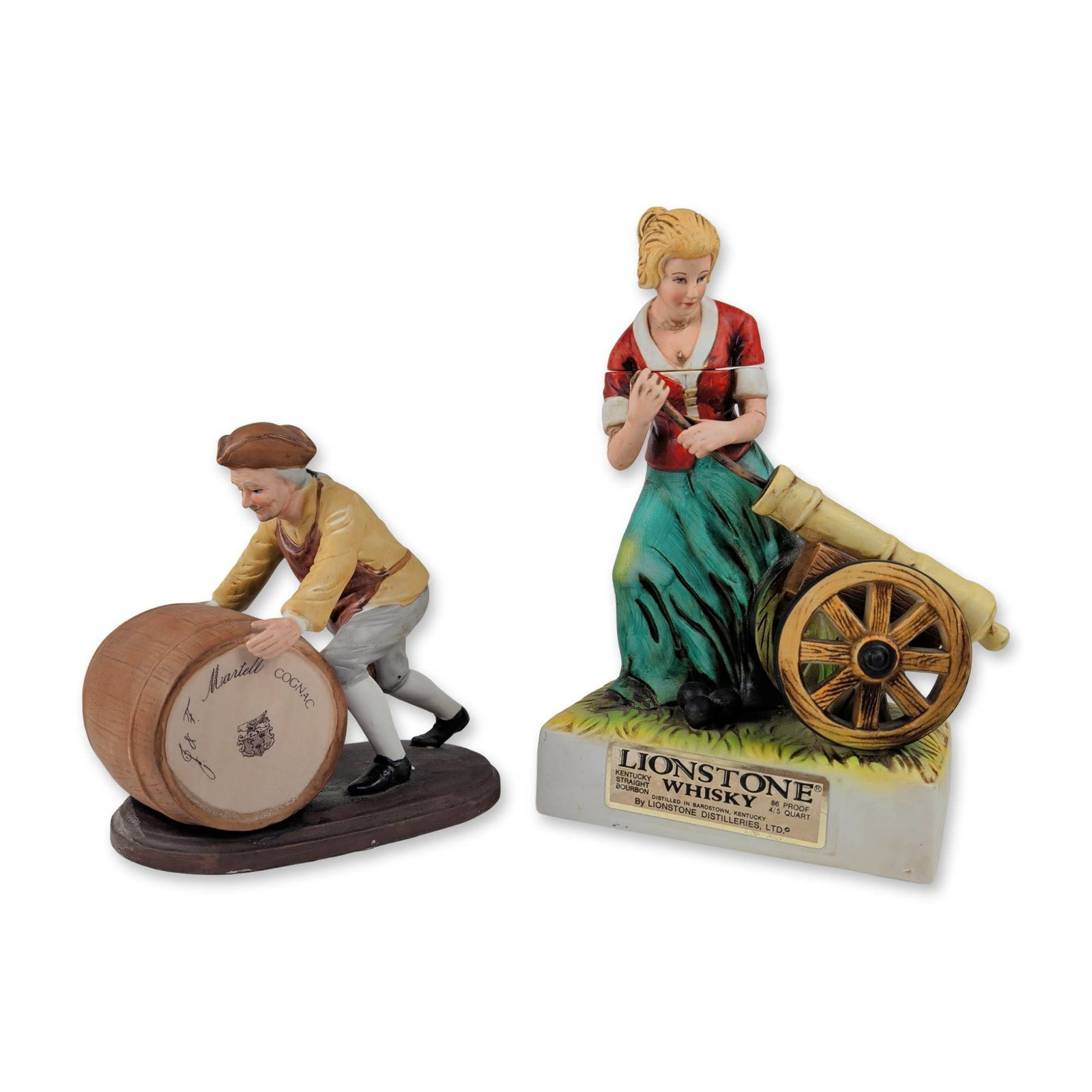 2pc Figural Porcelain Spirit Decanter and Figurine Grouping: This two-piece collection of hand-painted sculptured porcelain includes a historic American spirit decanter and a branded Japanese figurine. The first item is a 1975 Lionstone Distilleries, Ltd. Bicen