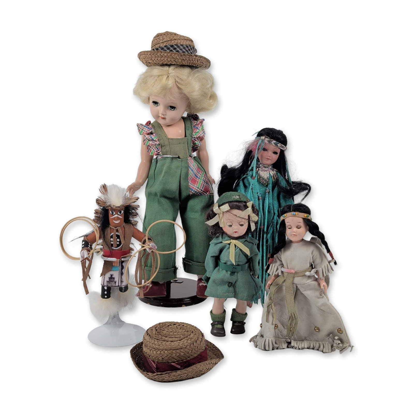 6pc Madame Alexander and Cultural Doll Collection: Madame Alexander and miscellaneous makers. Group of five dolls and figurines in hard plastic, wood, and vinyl, featuring character and cultural themes. Included is an Madame Alexander hard plastic dol