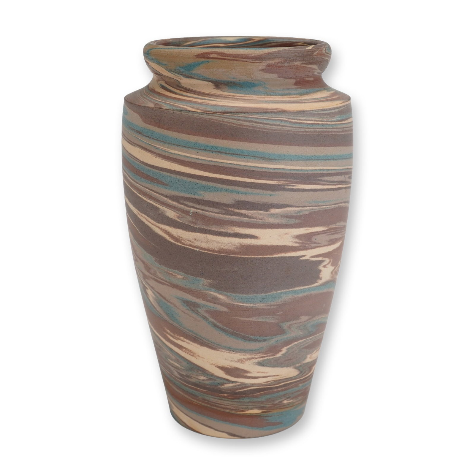 Niloak Mission Swirl Ceramic Vase: A hand-thrown ceramic vase produced by Niloak Pottery in the Mission Swirl pattern. The ovoid-form vessel features a short, constricted neck and a rounded, slightly flared rim. The exterior is decorat