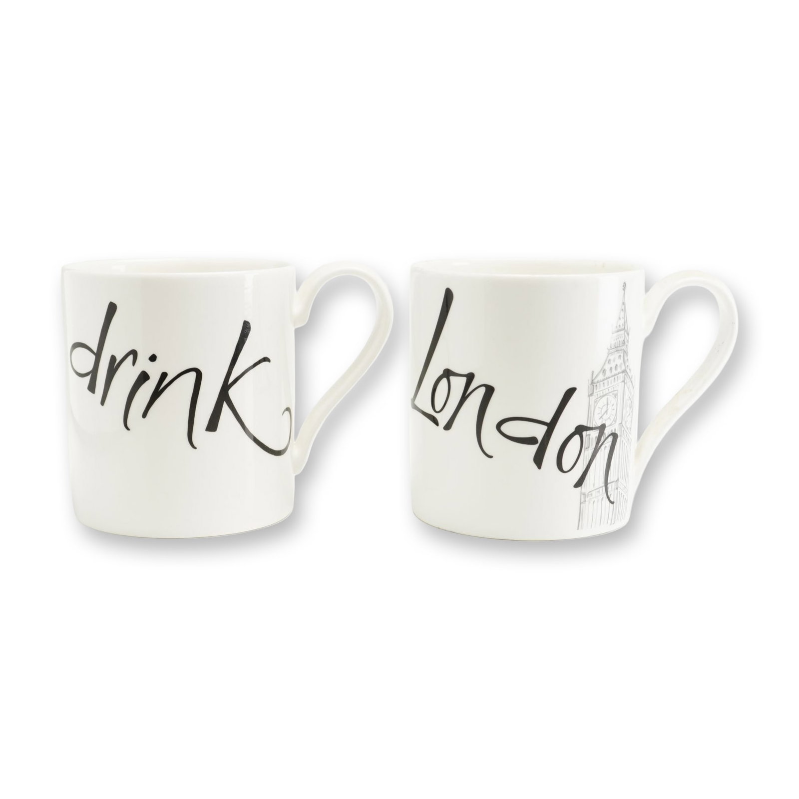 2pc Wedgwood Grand Gourmet Bone China Mugs: A pair of white bone china mugs from the Wedgwood Grand Gourmet collection. Each mug is decorated with black transfer-printed designs in a calligraphic style. One mug features the word drink in script