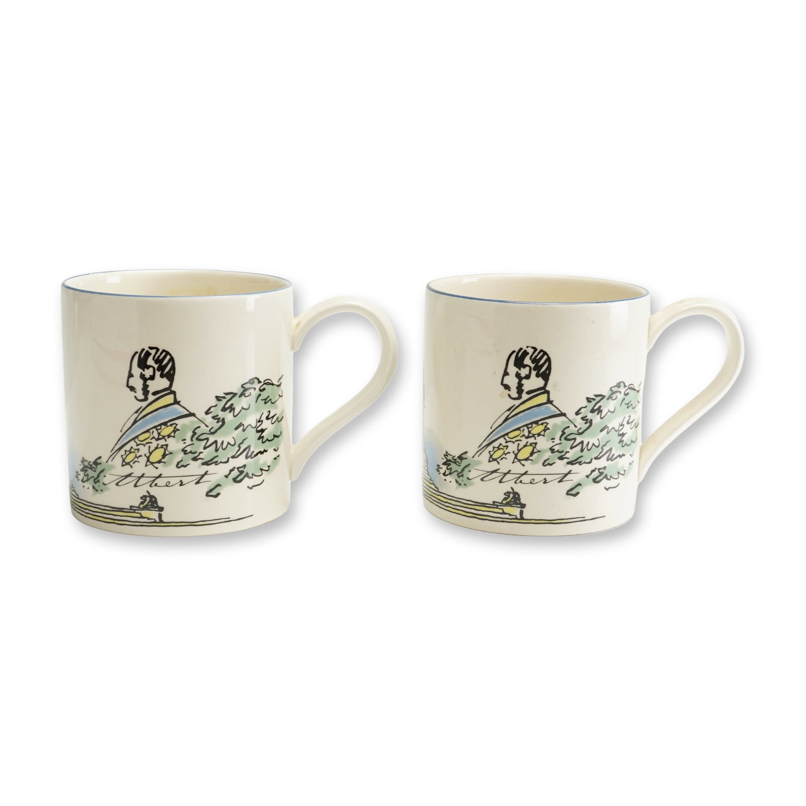2pc Wedgwood Porcelain Mugs for The Observer and Midland Bank Prince Albert Exhibition Designed by: This pair of Wedgwood porcelain mugs was specially commissioned by The Observer and Midland Bank to commemorate the major Prince Albert Exhibition held in London during 1983-1984. The pieces were desi