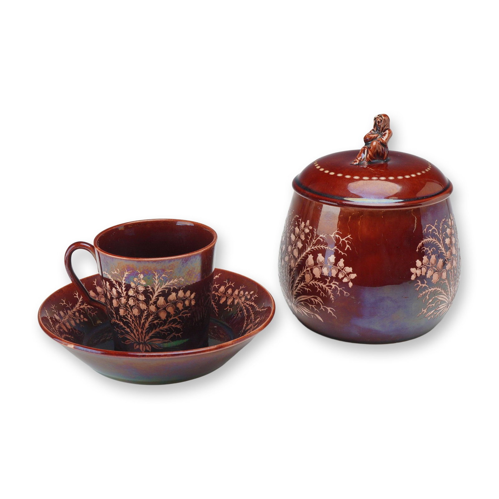 3pc Wedgwood Rockingham Lusterware Ceramic Items: This trio of English lusterware consists of a straight-sided cup with a loop handle, a matching deep-welled saucer, and a bulbous lidded jar, likely a sugar bowl or honey pot. The pieces are crafted f
