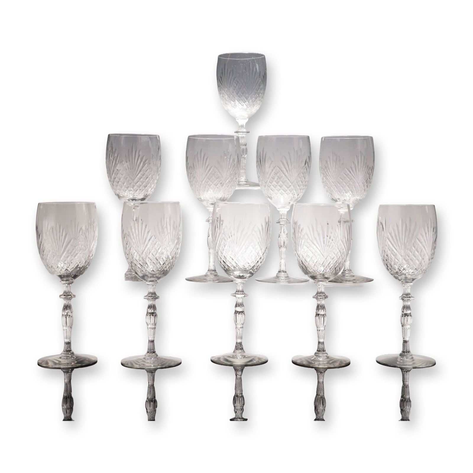 10pc Vintage Cut Lead Crystal Wine Glasses: Each piece is crafted from clear lead crystal featuring an intricate cut pattern. The bowl is decorated with a dense criss-cross diamond-cut motif on the lower half, which transitions into a crown of 
