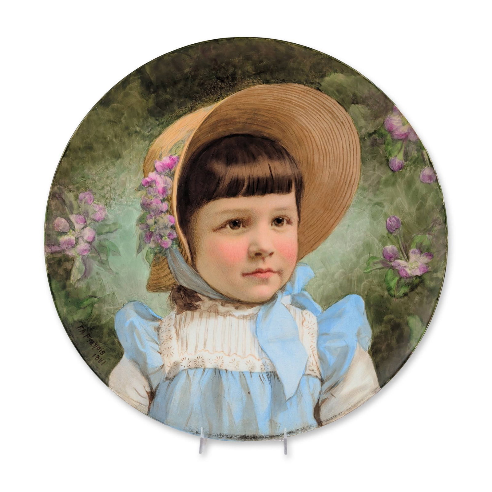 F.A. Francis Hand-Painted Ceramic Portrait Charger, 1881: F.A. Francis, hand-painted ceramic portrait charger dated 1881. The circular charger features a naturalist portrait of a young girl with dark hair and bangs, wearing a wide-brimmed straw hat adorned w
