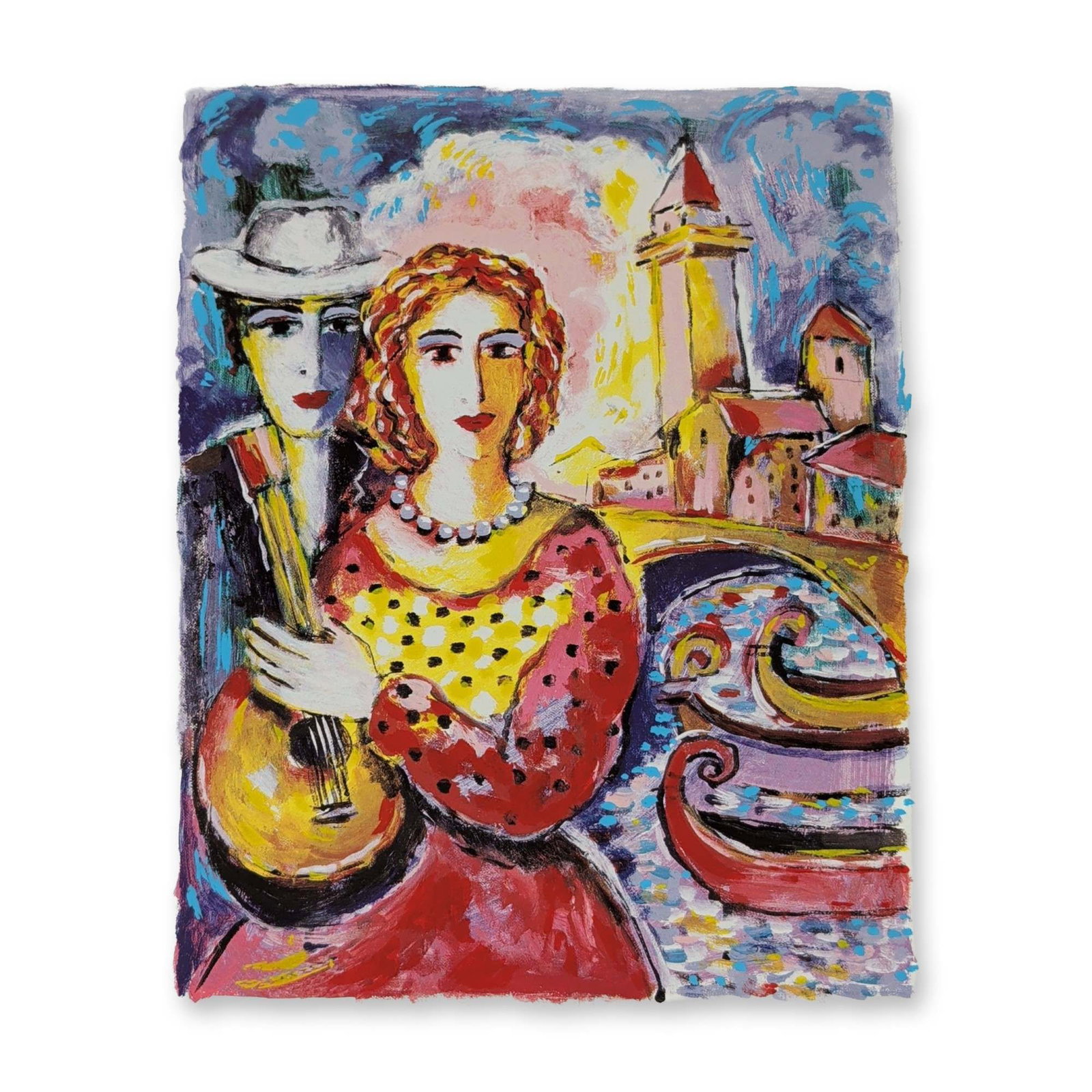 3pc Seriolithographs by Kashan,Steynovitz, and Pangborn w/ COA's: Trio of seriolithographs in color on archival paper. The collection includes Beauty and Beau (1999) by Zamy Steynovitz, depicting a Venetian-style scene with a mandolin player; Eiffel Song (1999) by