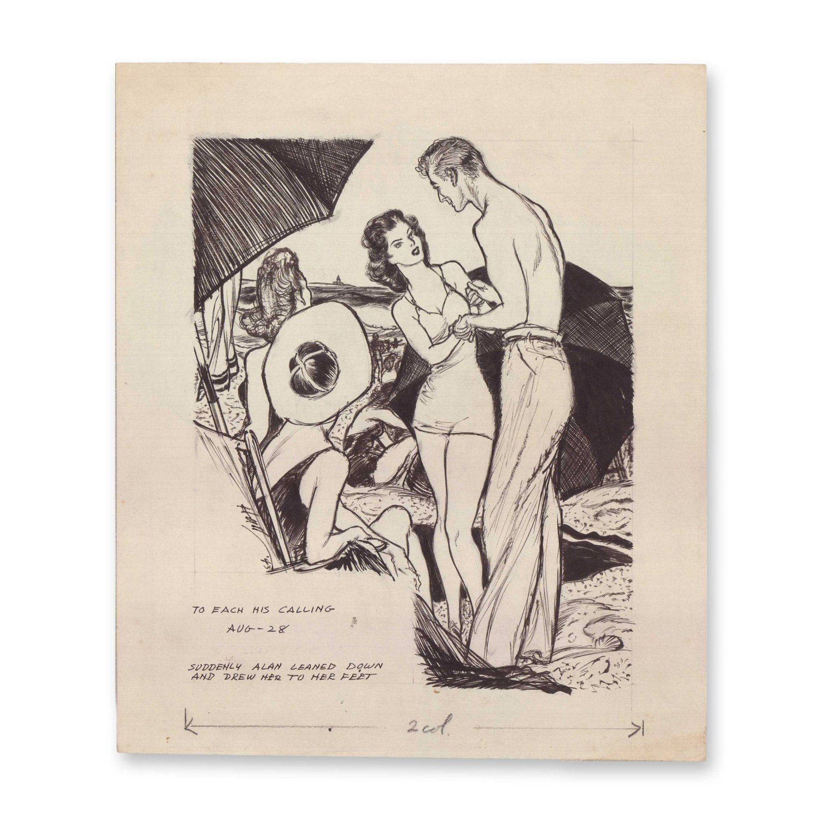 Wayne Hall Pen & Ink Drawing Illustration To Each His Calling: Original illustration by Wayne Hall executed in black pen and ink depicting a figural beach scene. A shirtless man stands over a woman in a bathing suit, drawing her to her feet, with other figures an