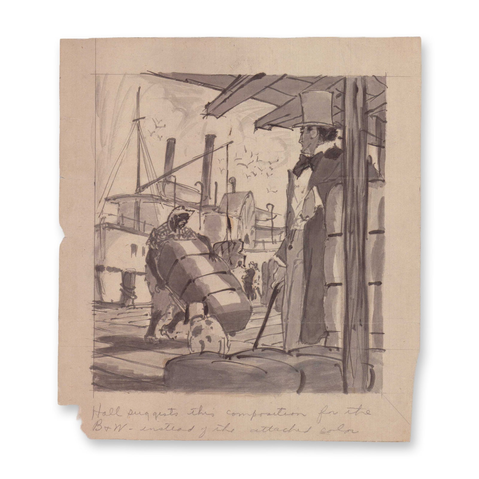 Wayne Hall Illustration Dockside Study Gentleman & Laborer: A preparatory study by Wayne Hall for an illustration depicting a bustling dockside scene. The composition is dominated by a rigid, formally dressed gentleman in a top hat and coat standing on the