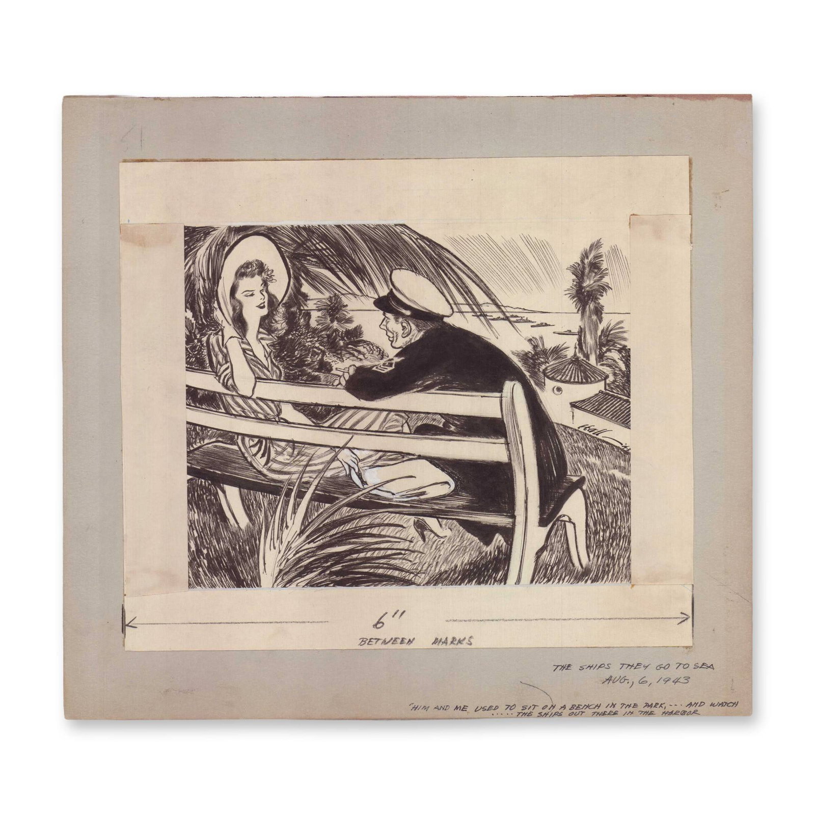 Wayne Hall Illustration for The Ships They Go To Sea: Original pen and ink illustration drawing by Wayne Hall executed on light-toned paper and adhered to a thick gray production board. The subject depicts a romantic, tropical scene featuring a man