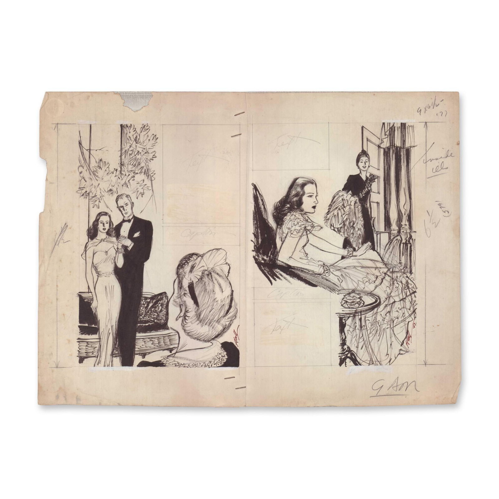 2 Wayne Hall Illustrations for Someday You'll Care: Two production sheets by Wayne Hall featuring two primary illustrations and a vignette executed in pen and ink on paper intended for a pulp magazine publication. The style is detailed and narrative,