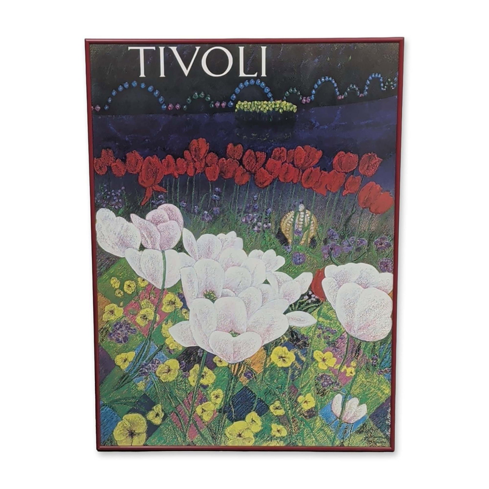 Naja Salto (Danish, 1945-2016), Offset Lithograph Exhibition Poster for Tivoli Gardens, 1991: Featuring a dense floral composition of large white blossoms, a vertical column of red poppies, and yellow pansies set against a dark blue ground. The work includes TIVOLI printed vertically in a whit