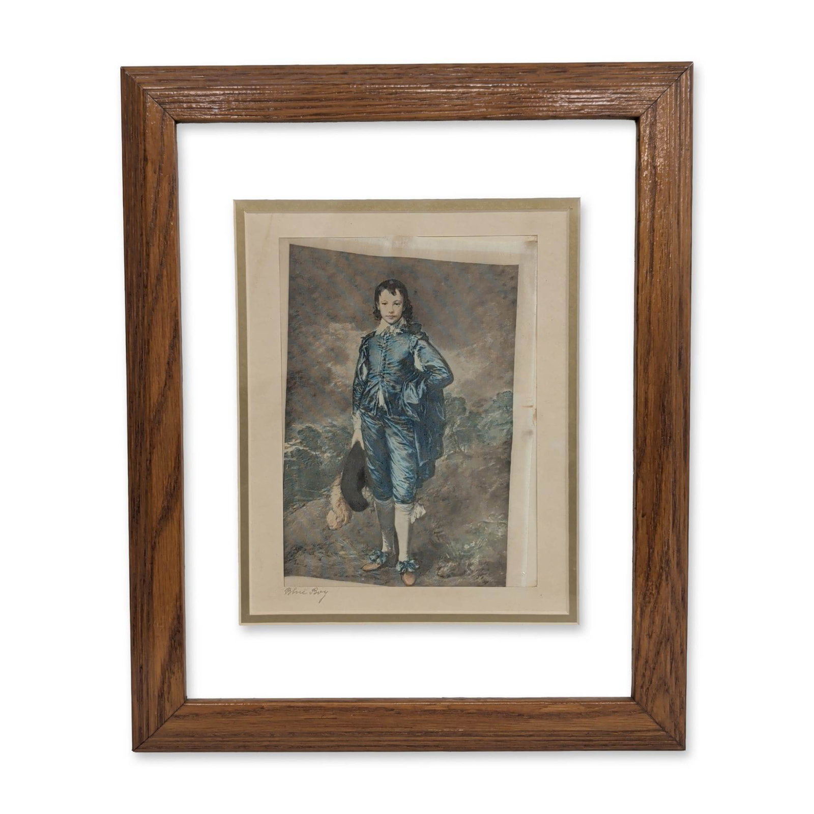After Thomas Gainsborough (British, 1727-1788), The Blue Boy Print on fabric: After Thomas Gainsborough (British, 1727-1788) Print on fabric titled 'The Blue Boy'. The work depicts a young boy in 18th-century blue satin attire set against a landscape. Features a handwritten