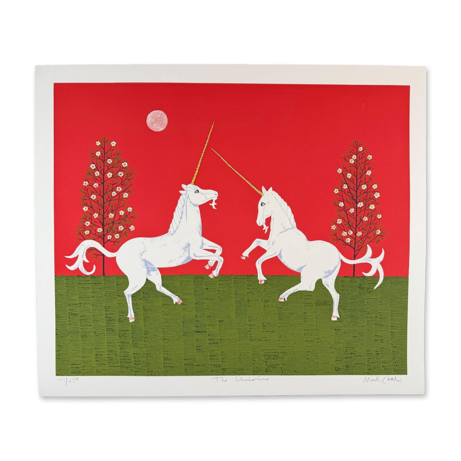 Mark Sabin (American 1936) Screenprint Unicorn signed: Screenprint titled Unicorn Year 1980 Signed lower right numbered 137/250 Sight size 30\9D x 26\9D Dimensions: See Description.