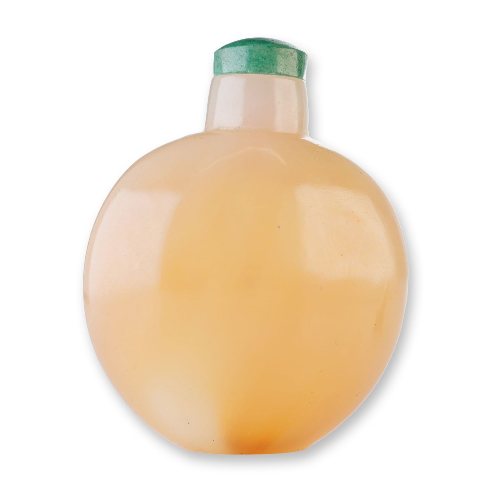 Peking Glass Snuff Bottle, Imitating Tan Agate: A smooth round Peking glass snuff bottle resembling tan agate, topped with a domed green stopper. Dimensions: 2.5"L x 1"W x 3"H Weight: 2.5 oz