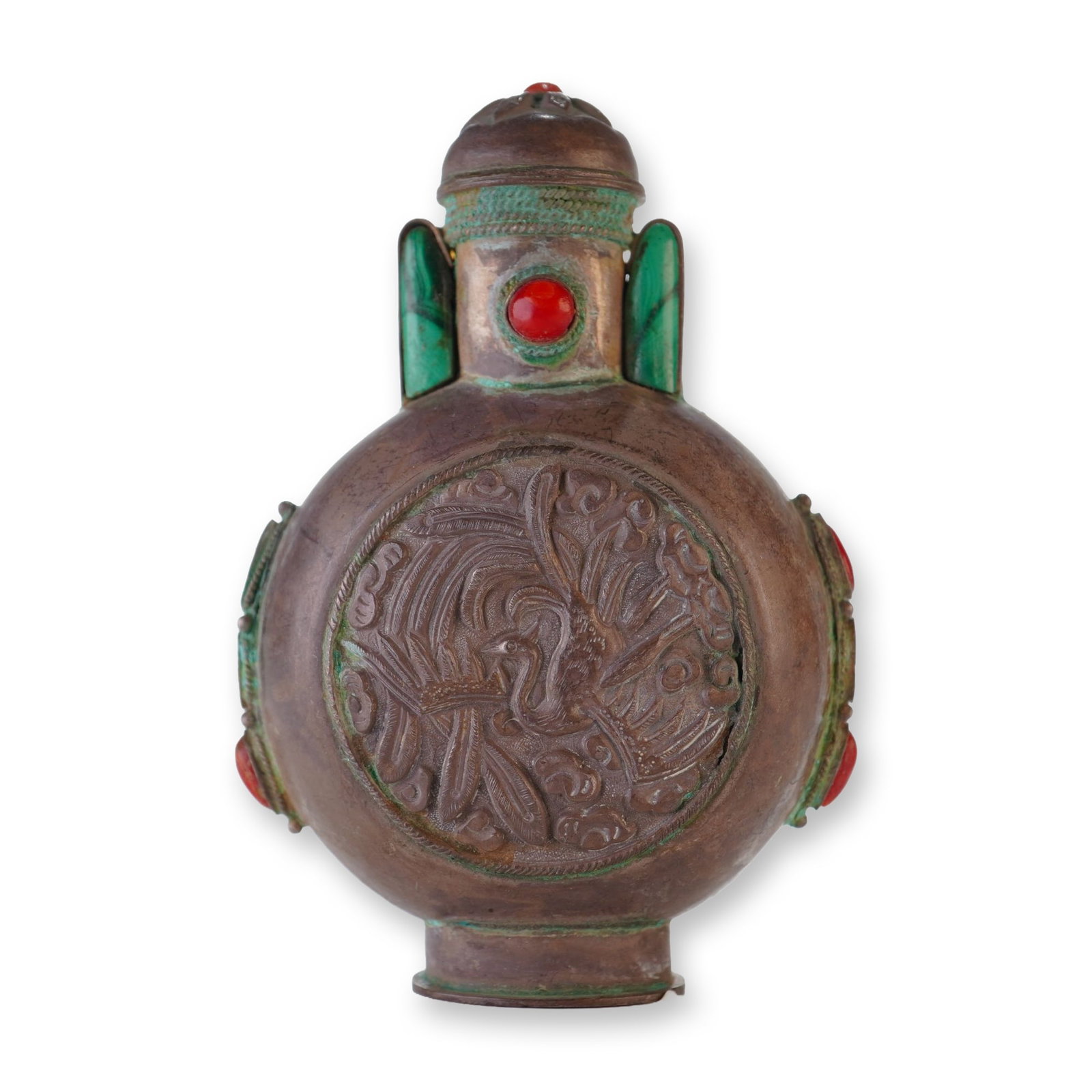 Mongolian Silver Repousse Snuff Bottle, Phoenix: Featuring round panels with a phoenix amid cloud-like motifs, this Mongolian silver repousse snuff bottle with stopper is decorated with coral and malachite stones. Dimensions: 2.5"L x 1.25"W x 3.25"H