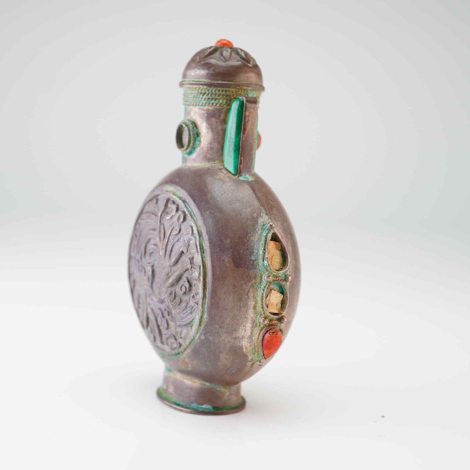 Mongolian Silver Repousse Snuff Bottle, Phoenix - 4