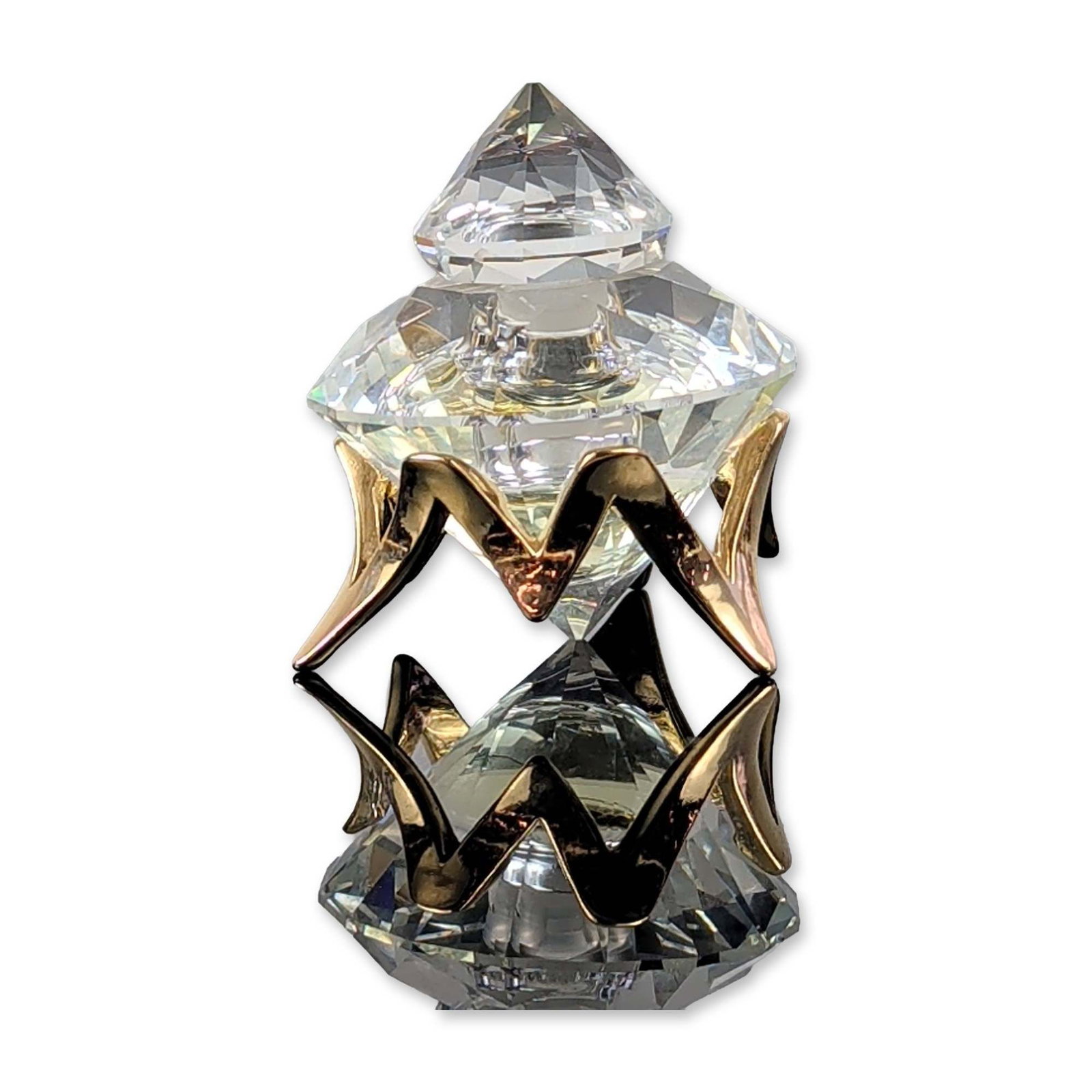 Frank Astete Swarovski Jewel Crystal Flacon: Frank Astete for D. Swarovski & Company. Jewel crystal perfume flacon in faceted lead crystal, featuring a large diamond-shaped vessel with a matching faceted stopper. The set includes a stylized 24kt