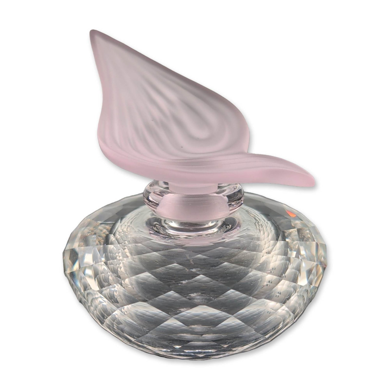 Swarovski Silver Crystal Rose Flacon Bottle with Stopper: Swarovski Silver Crystal miniature flacon bottle, model 236693, featuring a multi-faceted clear lead crystal base and a pale pink frosted glass stopper molded in a swirling design. Acid-etched Swarovs