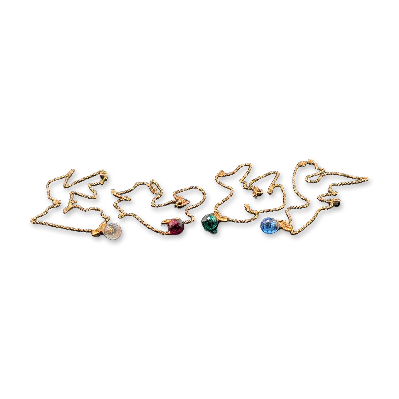 4pc Elizabeth Taylor Fragrance Gold-tone Pendant Necklaces: Elizabeth Taylor fragrance line collection group of four pendant necklaces in gold-tone base metal and faceted glass. Each pendant is designed as a miniature perfume bottle with a gold-tone bow-motif 