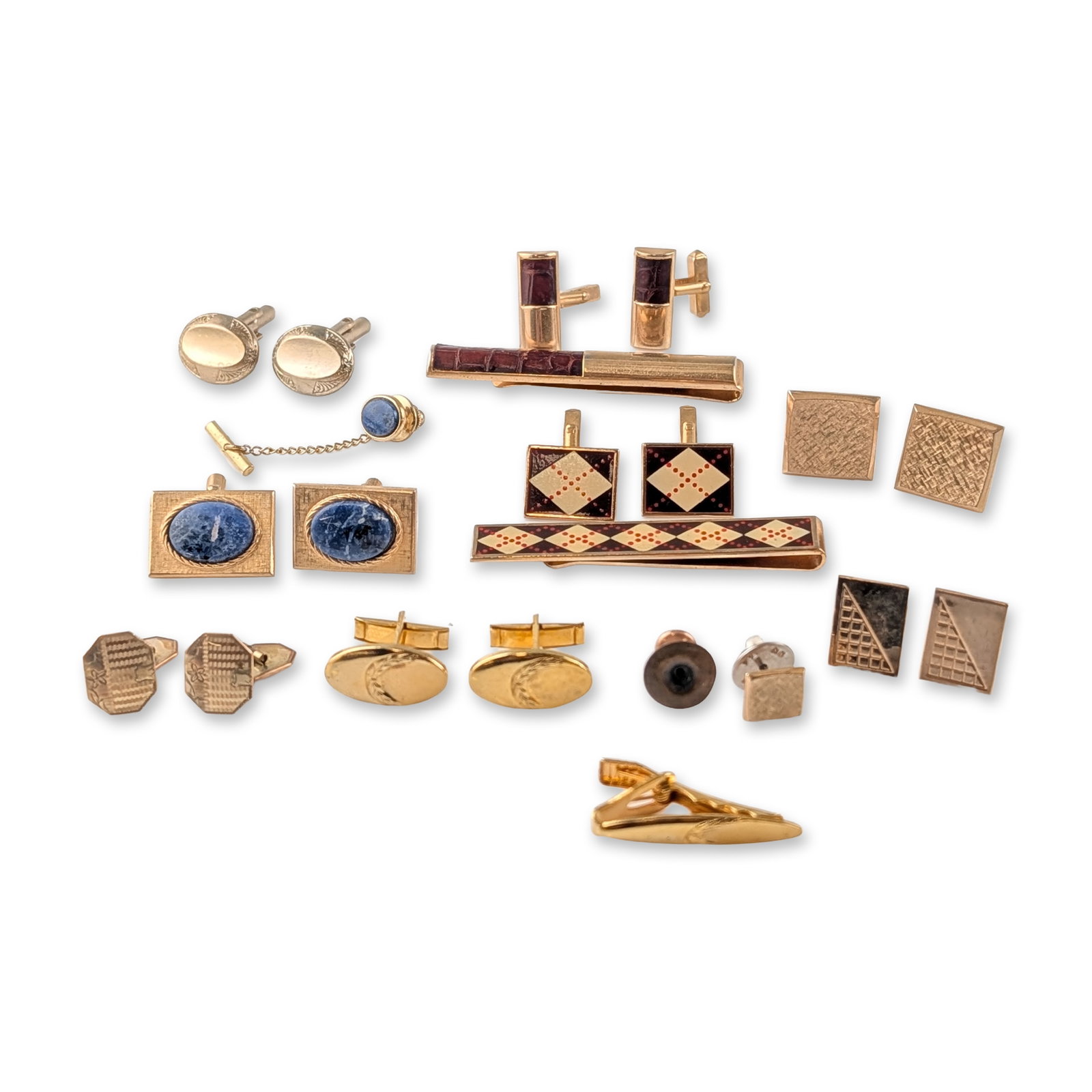 22pc Collection of Swank and Vintage Gold-Tone Men's Cufflinks, Tie Clips & Tie Pin: Swank and various makers. Collection of men's jewelry in yellow gold-tone metal, featuring an assortment of cufflinks, tie bars, and lapel pins. Designs include engine-turned octagonal patterns, etche