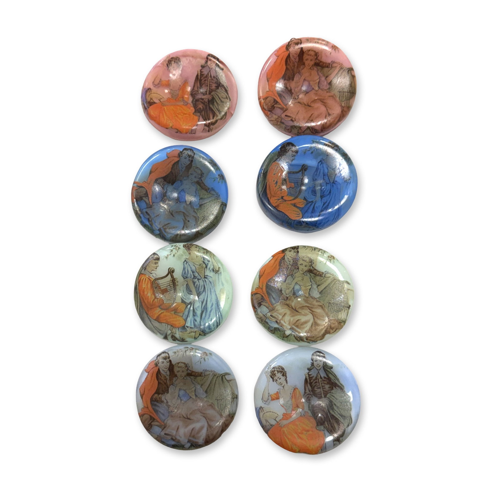 A SET OF DIVISION THREE PICTORIAL GLASS BUTTONS: 6 Large 20th C. transfers on glass from the Czech Republic. This lot consists of 6 different designs in a colorful array and detail transferred onto a thick glass base with a metal shank. These were m