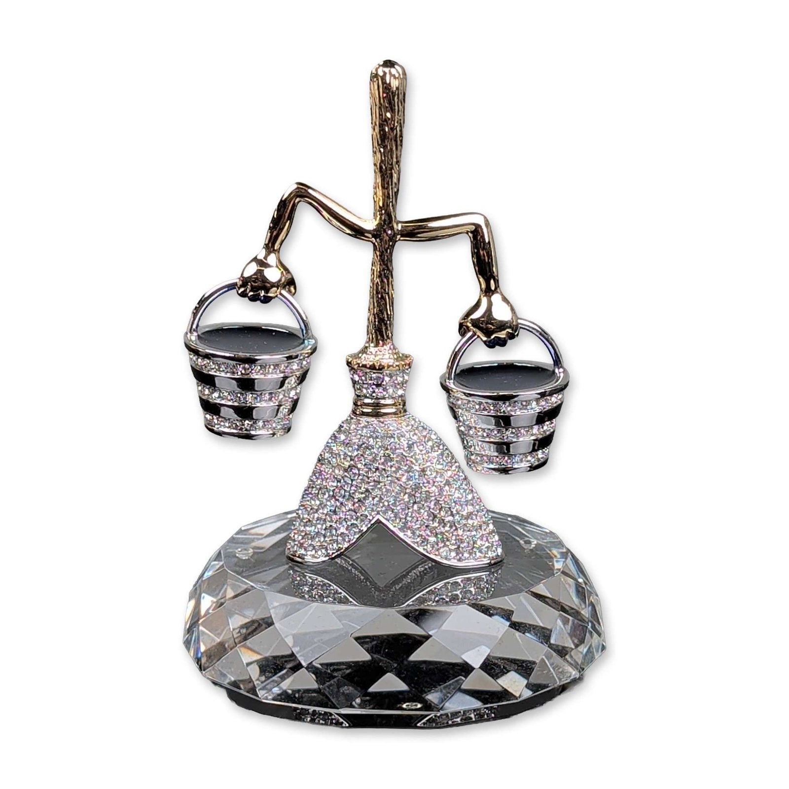 2pc Arribas Brothers Disney Crystal Fantasia Broom Figurine with Base: Sorcerer's Apprentice broom figurine in gold-tone metal and faceted crystal holding buckets set with pave crystals and black enamel. The piece includes a separate hand-cut faceted clear crystal base. 