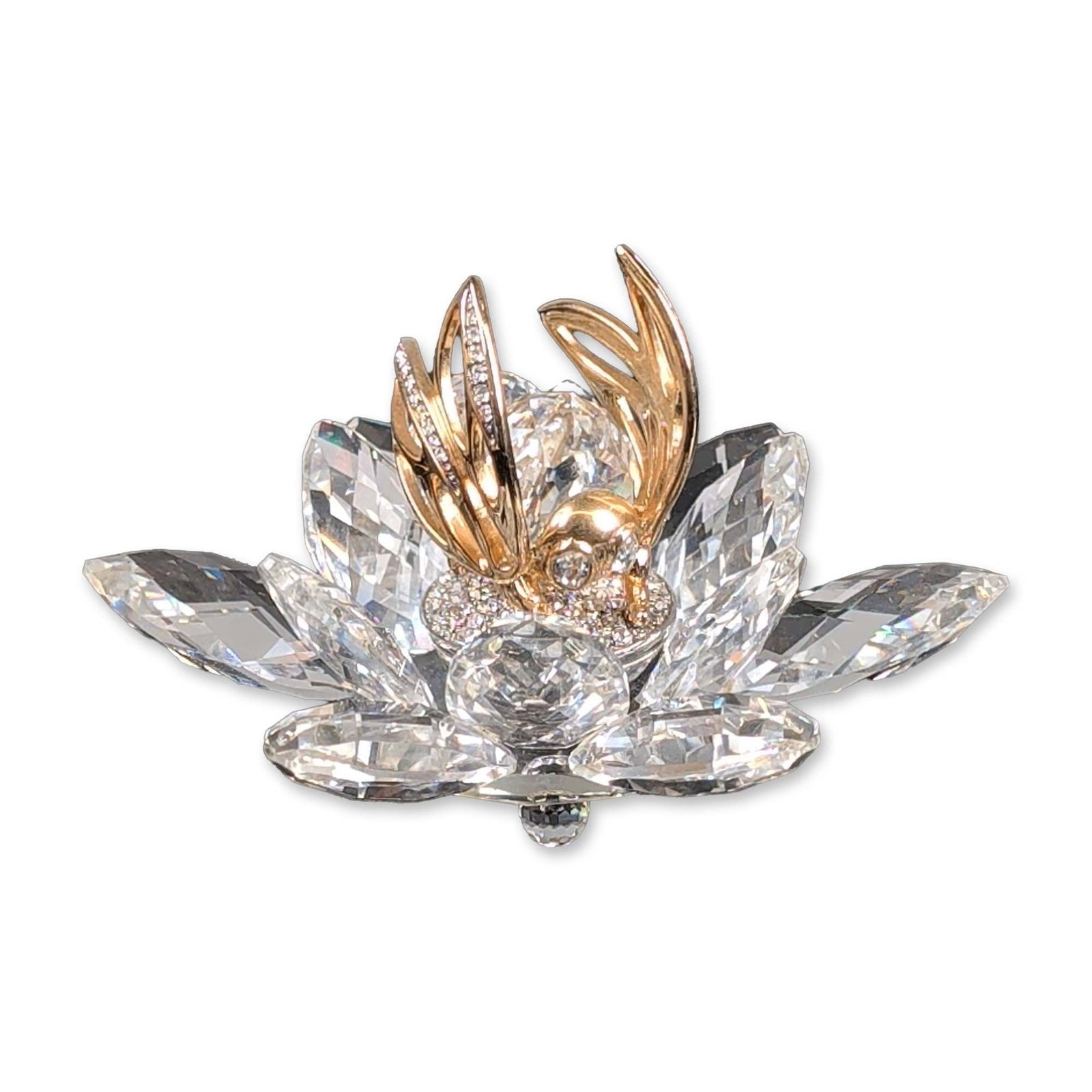Swarovski Crystal Figurine, In Flight Bee - Gold: In Flight bee figurine in faceted clear crystal and gold-tone metal, featuring an insect motif with open-work wings and body pave-set with small round clear crystals, centered atop a faceted crystal l