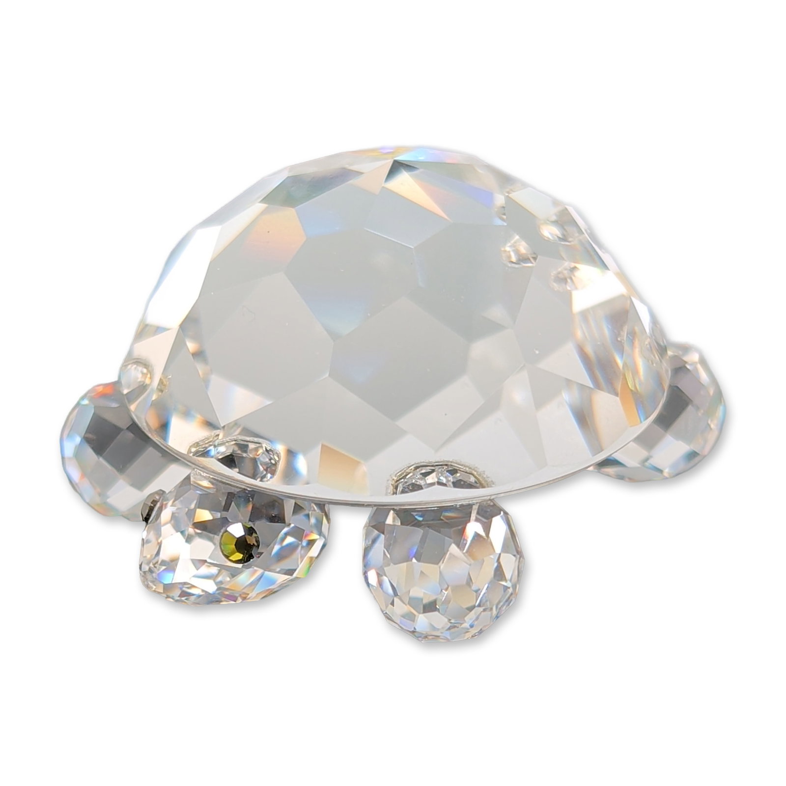 Swarovski Silver Crystal Faceted Tortoise Figurine: Swarovski faceted lead crystal figurine in the form of a turtle, part of the Silver Crystal collection. The piece is composed of a large circular faceted crystal carapace joined to smaller faceted cry