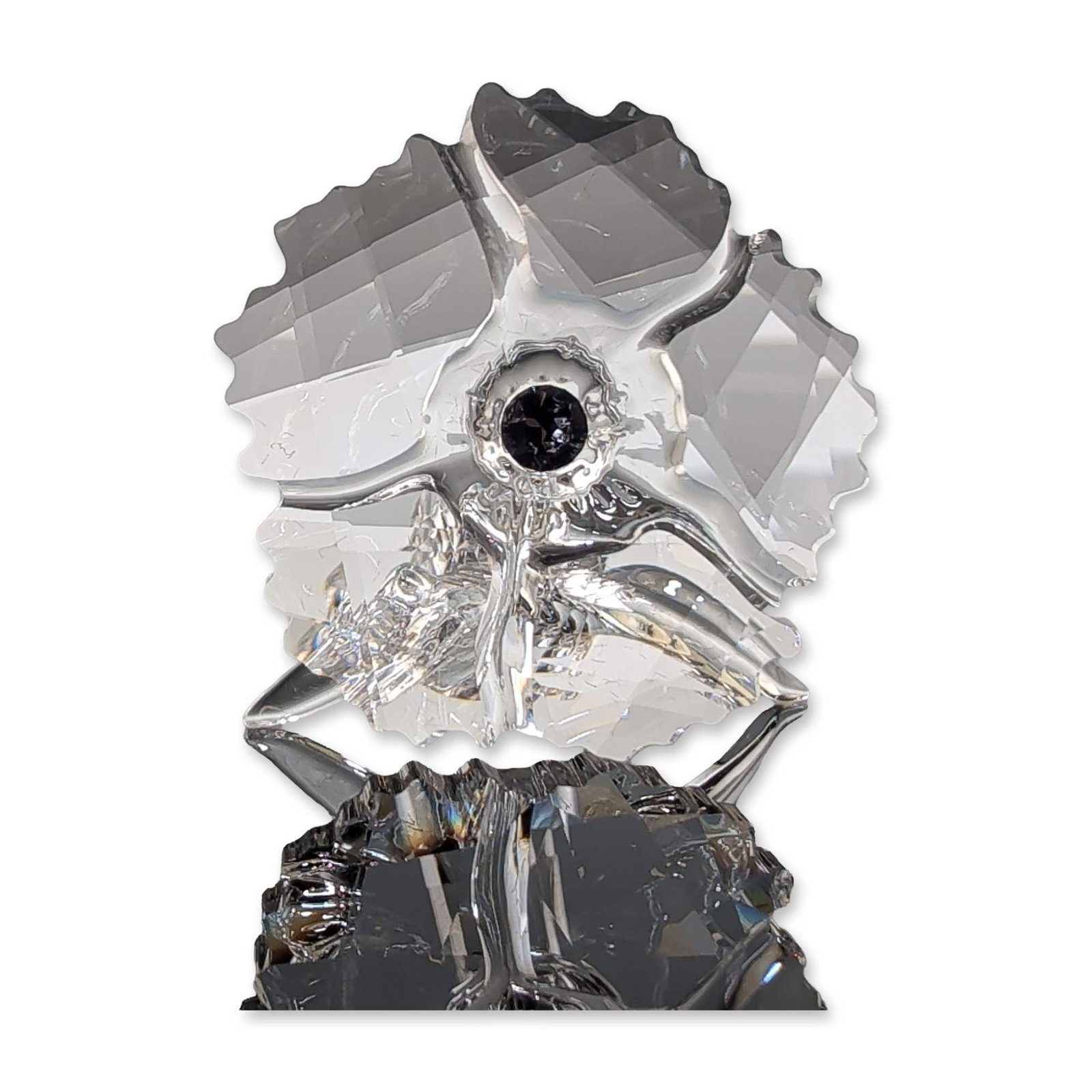 Swarovski SCS 2019 Amur Flower Crystal Figurine: Swarovski crystal figurine of an Amur flower, crafted in clear faceted lead crystal with a central dark purple faceted crystal seed. The piece features a five-petal design and a stem base. Marked with