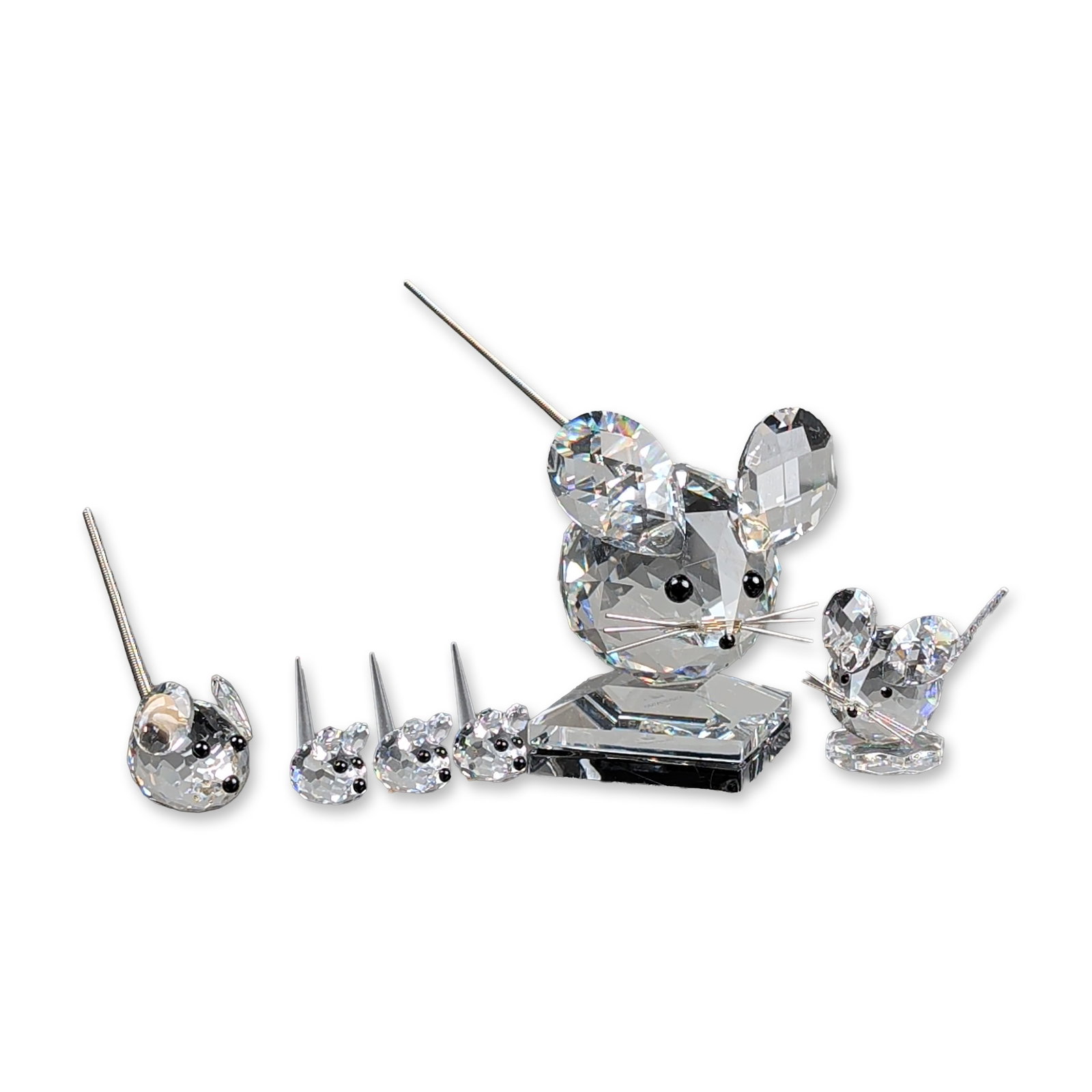 6pc Swarovski Silver Crystal Mice Figurines: Swarovski Silver Crystal. Group of three mouse figurines in faceted lead crystal. The collection includes one large mouse on a square faceted crystal pedestal, one medium mouse with a coiled spring ta