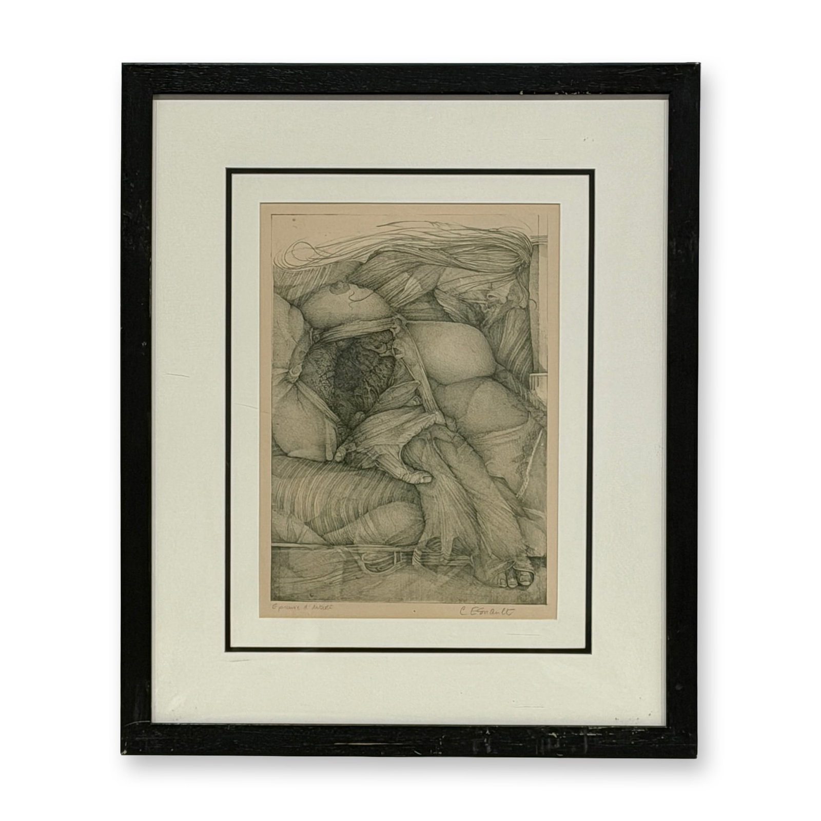 Surrealist Artist's Proof Lithograph on Paper, Signed C. Esnault: An evocative Surrealist-inspired artist's proof lithograph on paper depicting an abstract, intertwined figural composition rendered with intricate linework and rich tonal shading. Presented under mat 