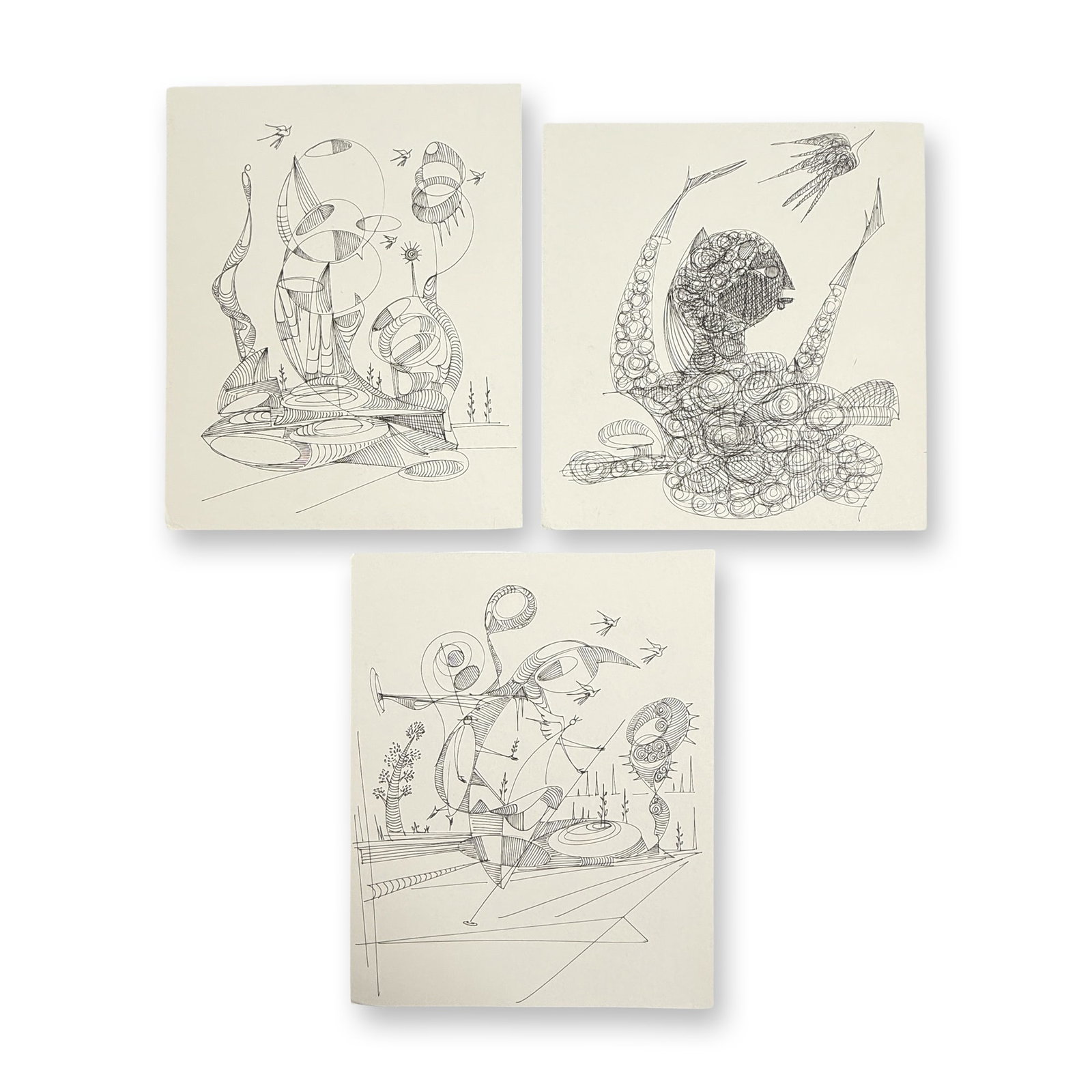 3pc Alfonso Rendon aka Masplata (Panamanian, 1957 - 2025), Pen sketch on Board, Forms: It is a spiritual world of divine entities that protect and balance the universe. The gestures in Plata's works are never-ending, bear minimal connections to the atmosphere of our planet, and often be