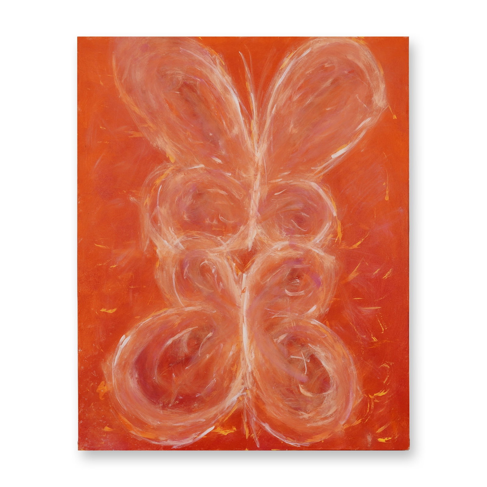 A Contemporary Abstract Expressionist Painting on Canvas: This contemporary abstract expressionist painting on canvas features a central, gestural form suggestive of a butterfly, rendered in white and pale pink strokes. The subject is set against a saturated