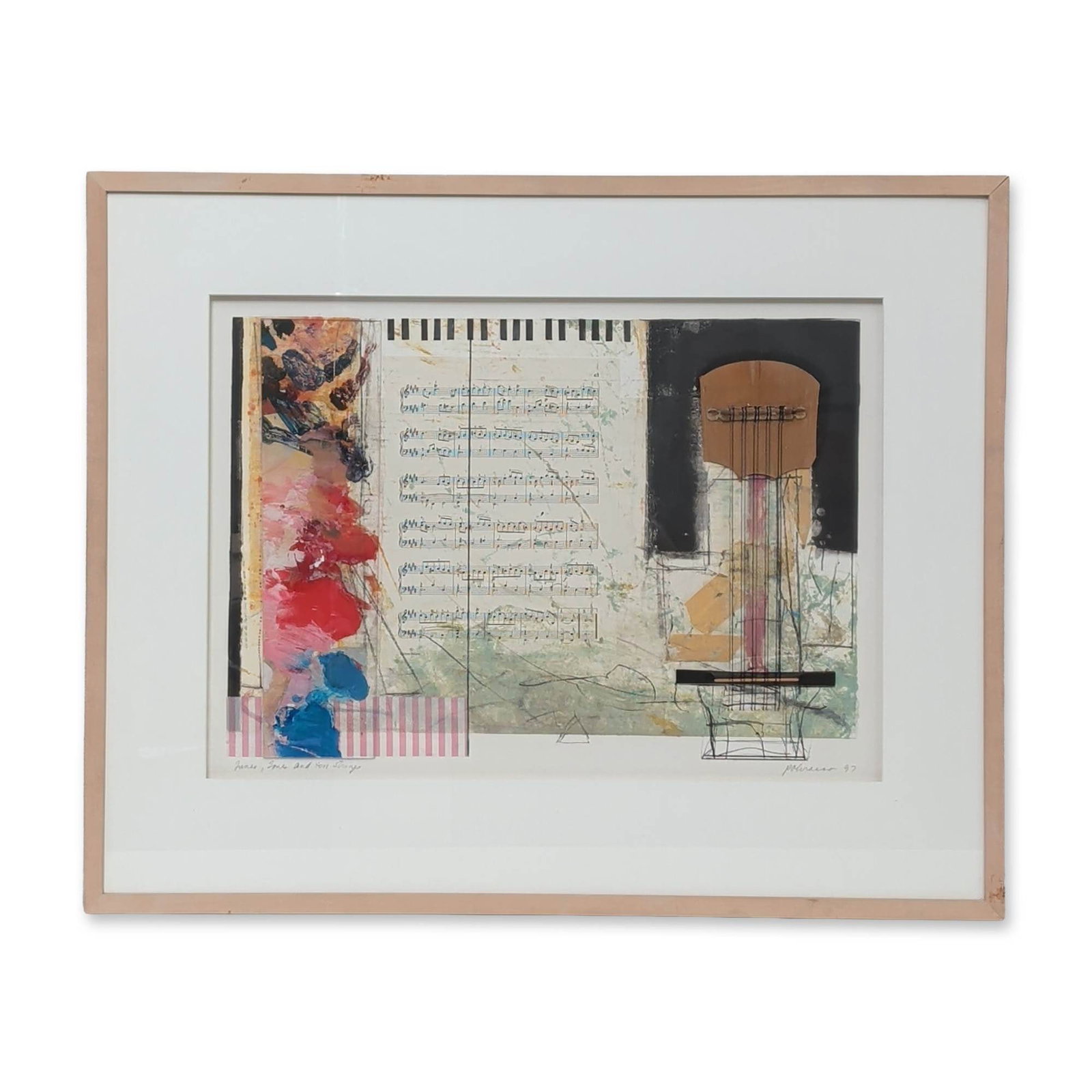 Ron Pokrasso (American, b. 1951), Assemblage & Collage on Paper, Tunes and Tones, Signed: Ron Pokrasso (American, b. 1951) mixed-media collage and assemblage on paper titled Tunes, Tones, and Ten Strings, featuring musical motifs including an applied ten-string wooden guitar bridge, sheet 