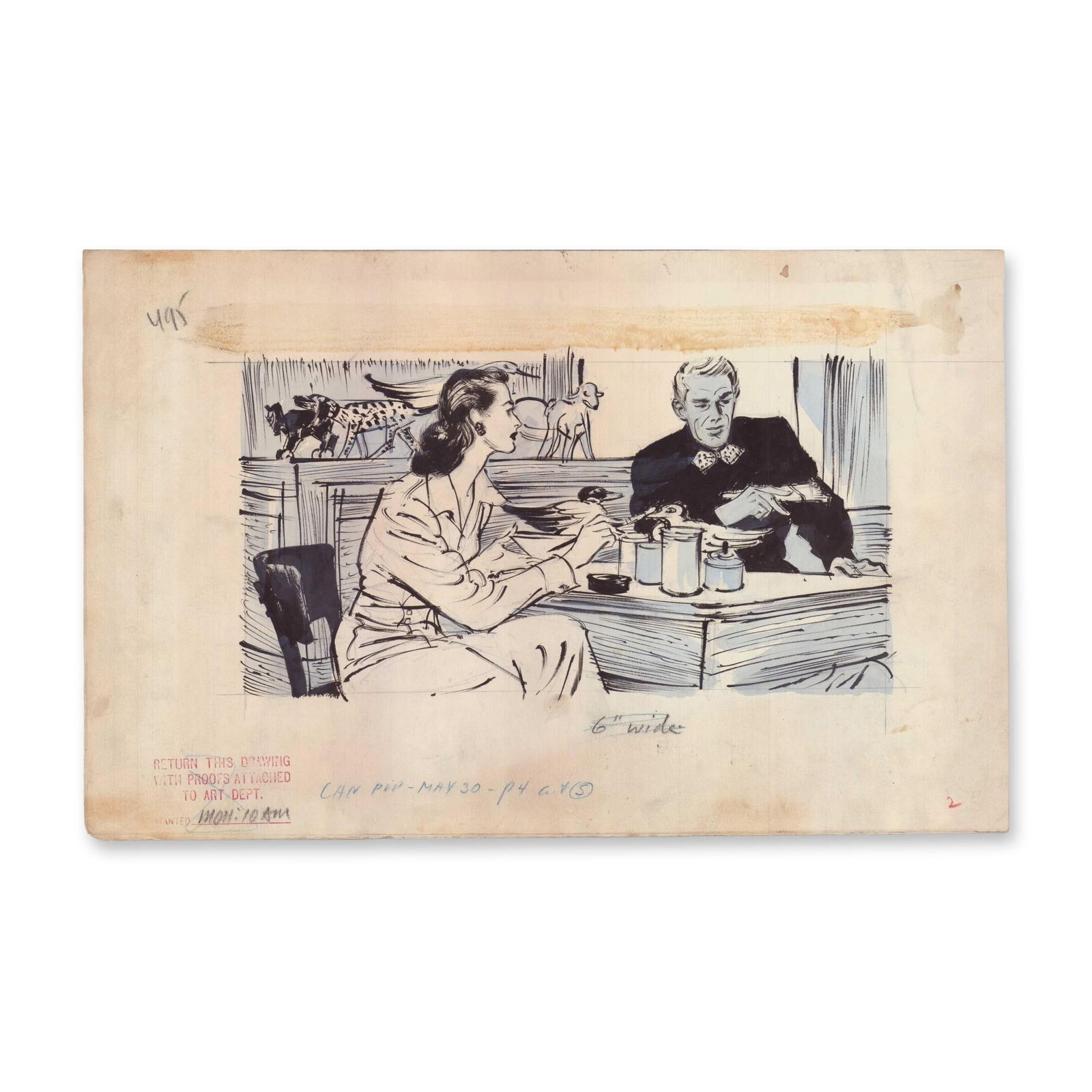 Wayne Hall American 1905-1969 Original Illustration Case of William Smith: This original illustration by Wayne Hall executed for the Canadian publication of the second installment of Patricia Wentworth's story 'The Case of William Smith,' depicts a formally dressed man and w