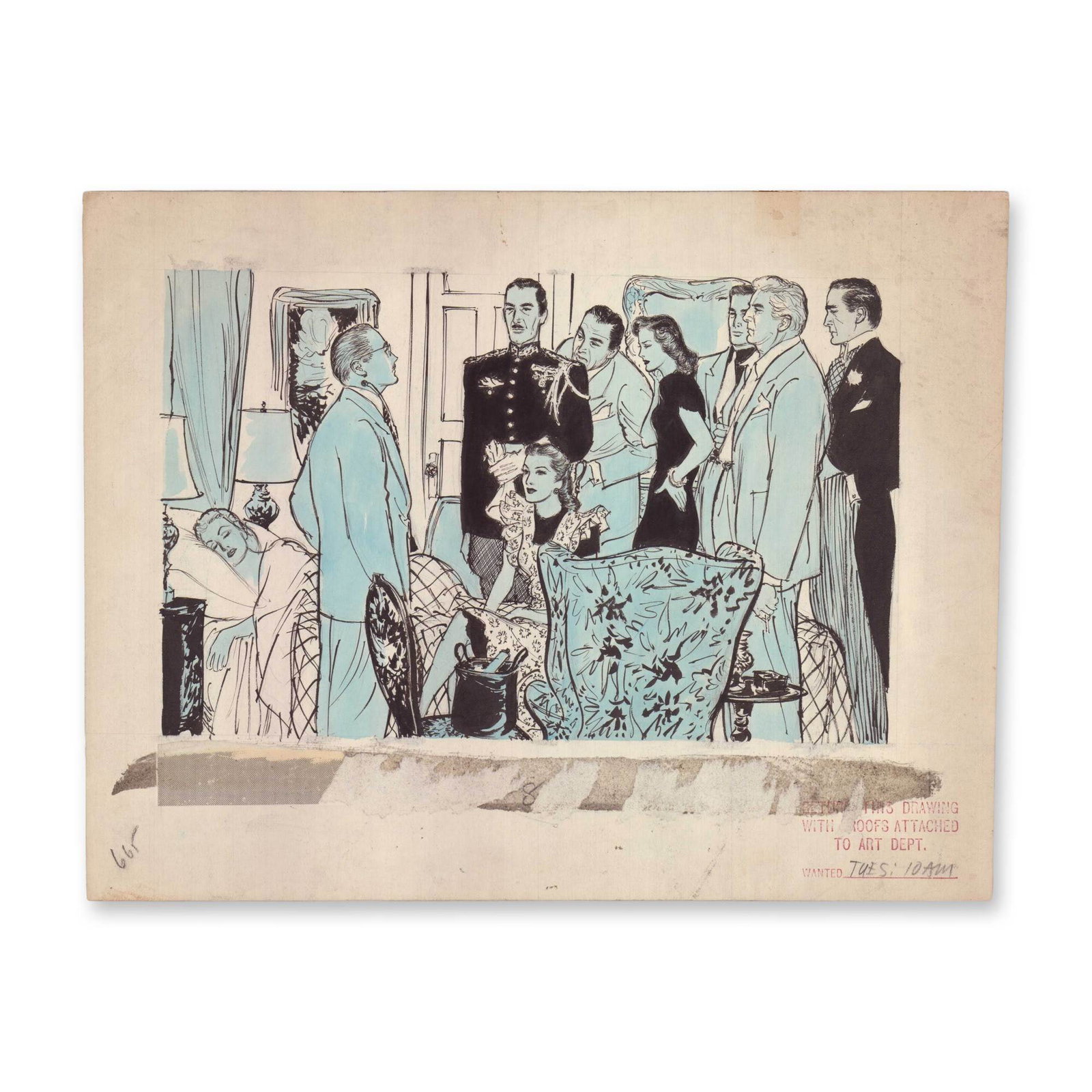 Wayne Hall Illustration Doctor Insisted Everyone Leave: Original illustration by Wayne Hall (American 1905-1969) created as an illustration for the story Malovingly Yours by Frank Adams, published June 10, 1945, for the 7th installment of the serial. The s