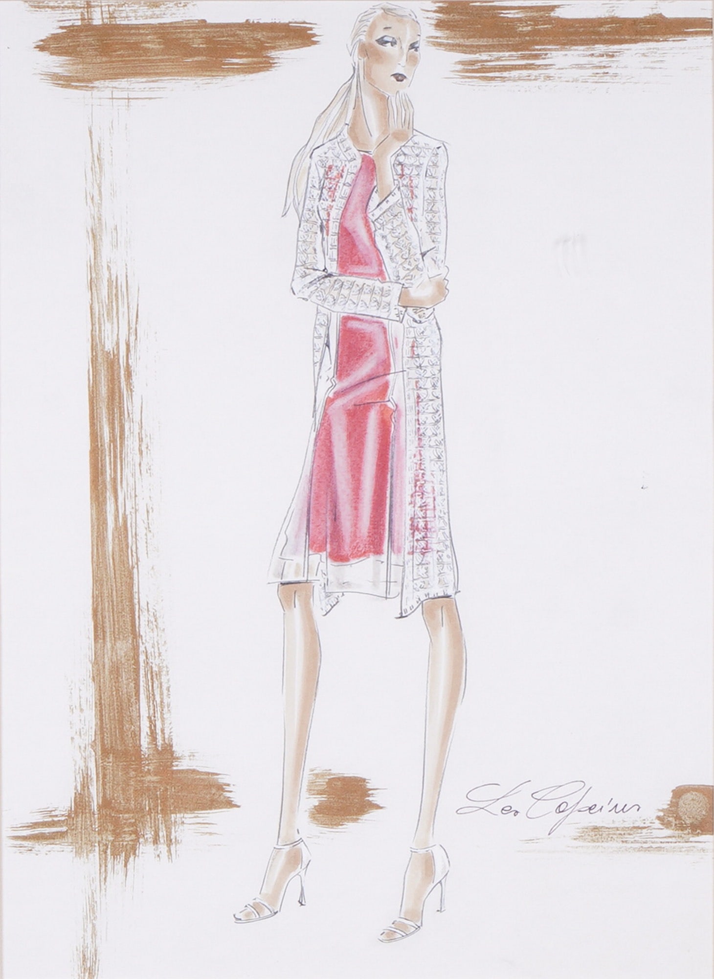 Les Copains Framed Fashion Illustration, Watercolor and Mixed Media, Signed: This original fashion illustration is attributed to the Italian luxury brand Les Copains. The artwork is a watercolor and mixed media composition on paper, featuring a stylized female figure. The mode