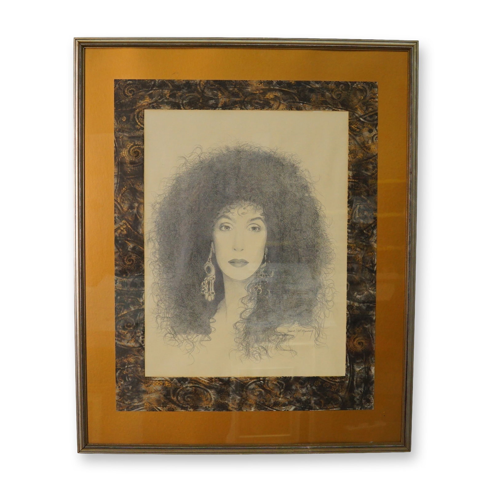 David J. W. Manny (American, 20th c.) Pencil Sketch on Paper, Portrait of Cher: Original vintage 1970s portrait drawing of iconic singer and actress Cher by Western New York fine artist and graphic designer David J.W. Manny. Rendered in graphite pencil on paper, this illustration