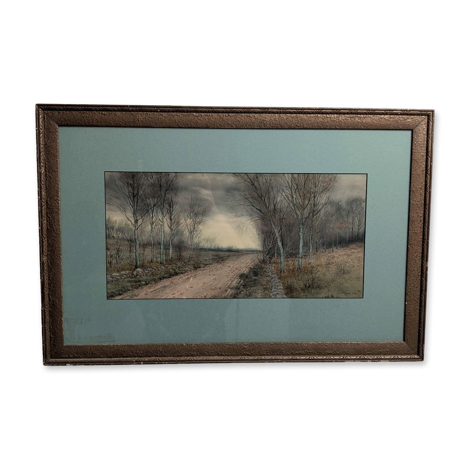George Howell Gay (American, 1858-1931), 'Landscape with Path' (Signed): George Howell Gay (American, 1858-1931). Tonalist style landscape in watercolor on paper, depicting a dirt path receding into a misty distance, flanked by groves of leafless trees and a low stone wall