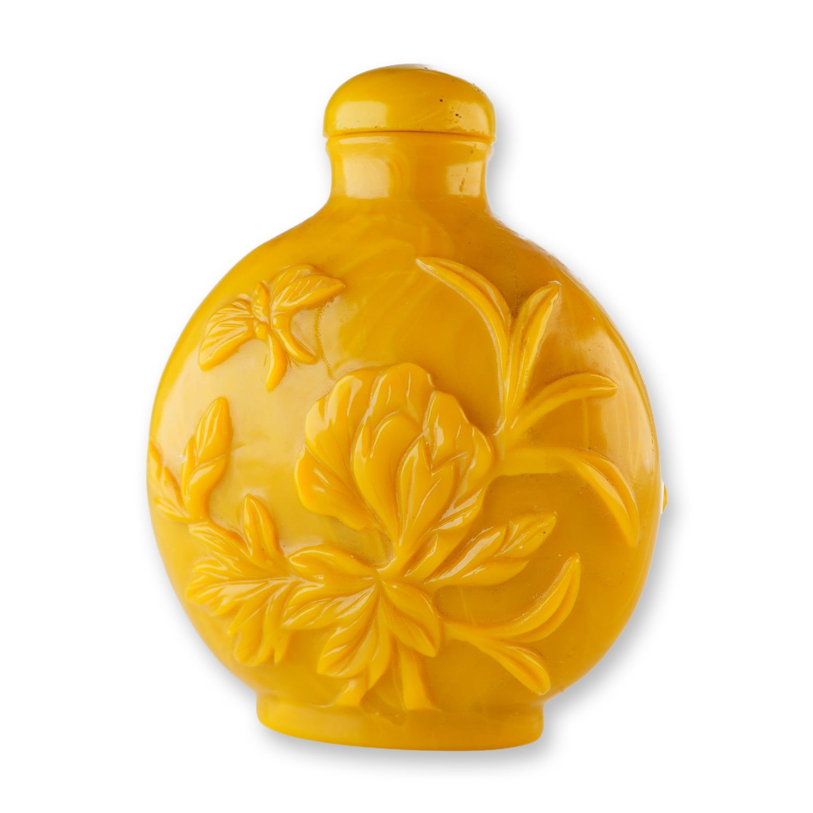 Peking Glass Snuff Bottle, Yellow, Carved Flowers and Butterfly: A yellow Peking glass snuff bottle with stopper, featuring a carved floral design and a butterfly. Dimensions: 2.5"L x 1.25"W x 3"H Weight: 3 oz