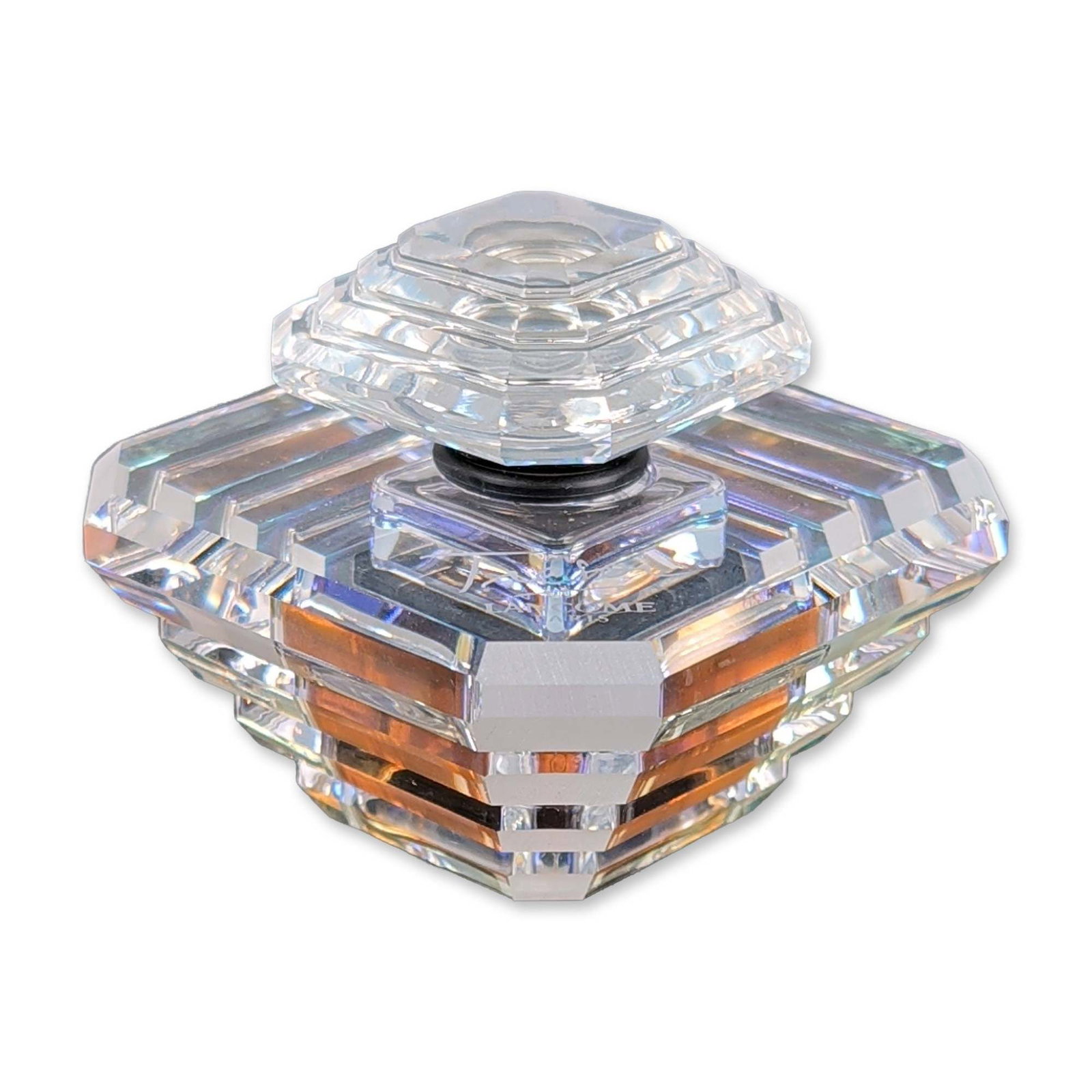 Lancome Tresor Swarovski Limited Edition Crystal Hologram Perfume Bottle: Lancome numbered edition Tresor perfume bottle produced in collaboration with Swarovski. The tiered, faceted crystal body features an iridescent hologram finish reflecting spectrums of orange, blue, a