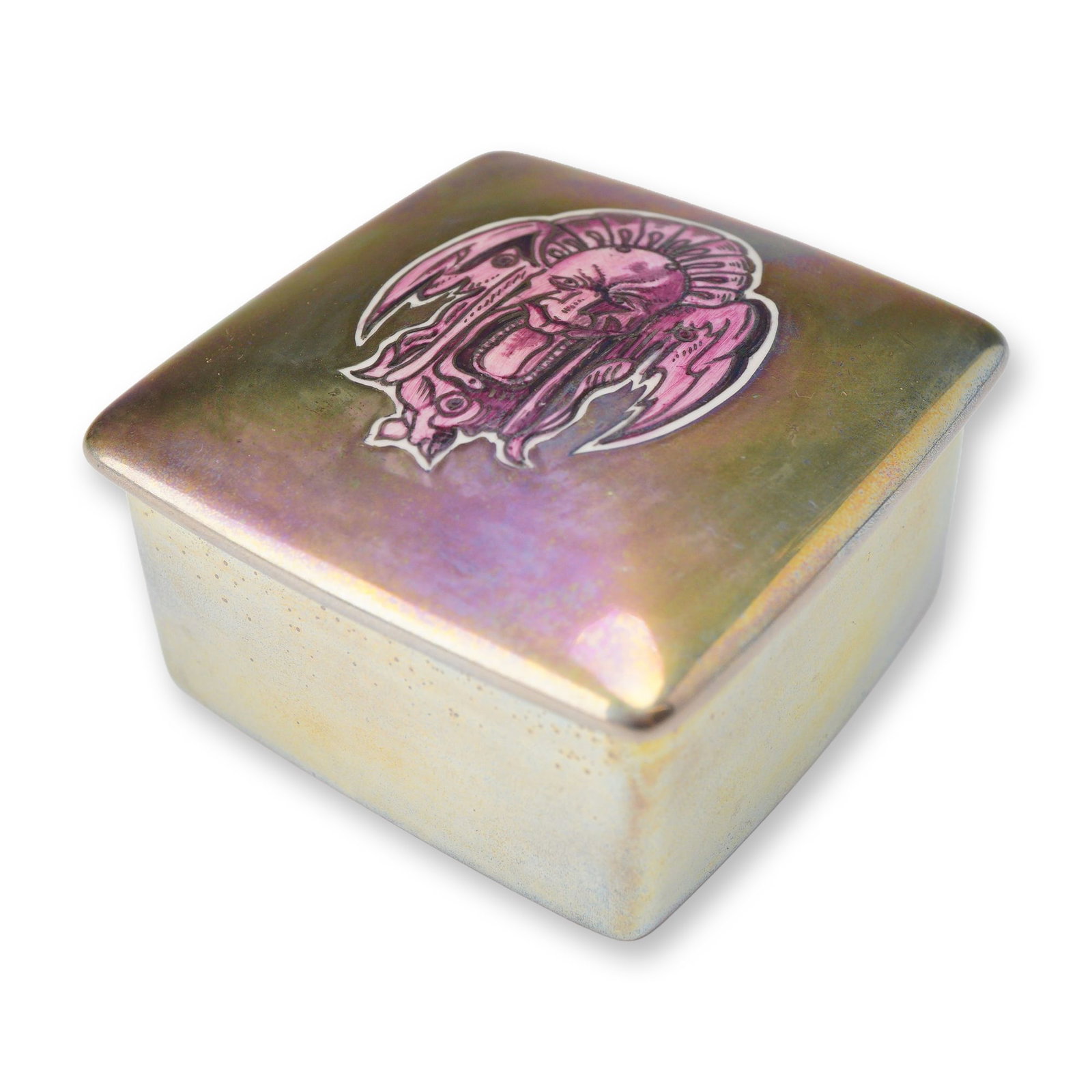 Wedgwood Bone China Lidded Box: This lidded box is composed of white bone china by Wedgwood. The exterior of the box and lid is coated in a metallic, iridescent luster. The interior of the base and lid are finished in a plain white 