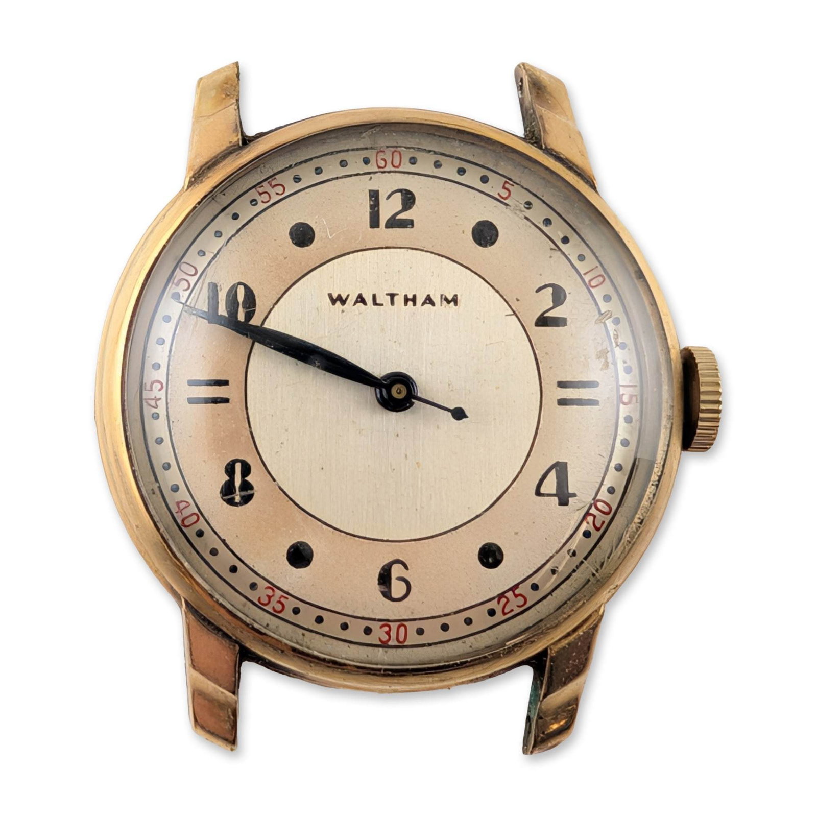Waltham Vintage Sector Dial Wristwatch Head: Waltham vintage wristwatch head. Features a manual wind movement and a two-tone silvered and cream sector dial with Arabic numerals at even intervals and stylized bar markers. Equipped with blued