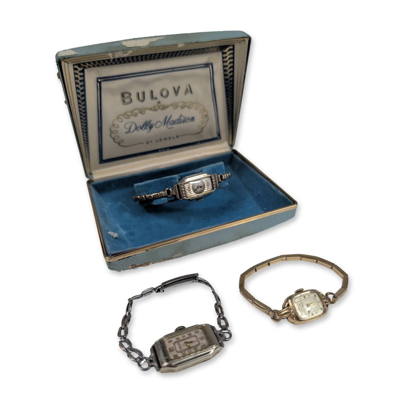 3pc Vintage Bulova Elgin and Gruen Ladies Watches: Bulova, Elgin, and Gruen. Trio of vintage ladies wristwatches in silver and yellow gold-tone metals. Features a Bulova Dolly Madison with a 21-jewel movement, engraved silver-tone case, and expansion 