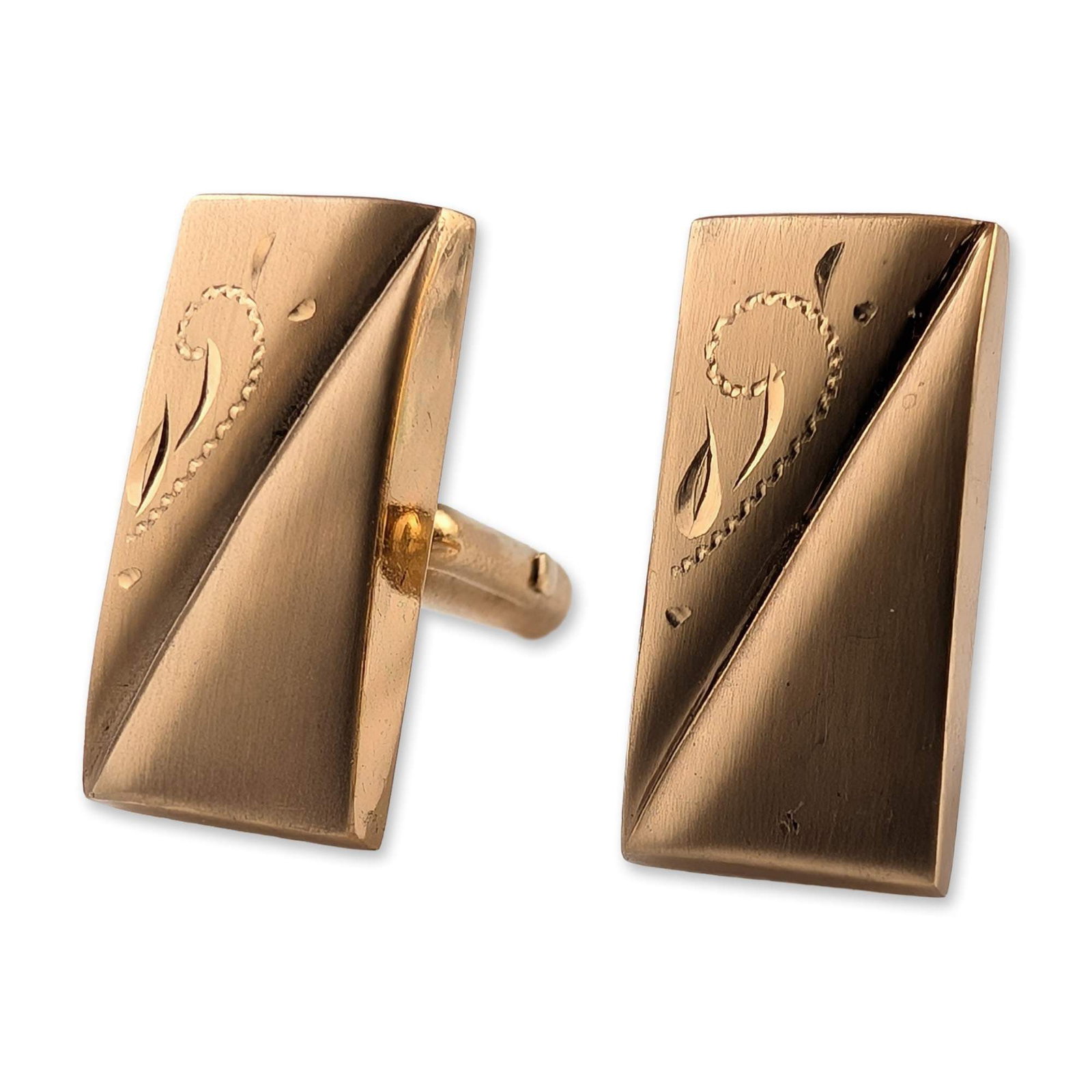 Mid-Century Modern Gold-Toned Cufflinks: Pair of gold-toned metal cufflinks in a rectangular mid-century modern design. The faces feature a diagonal bisection, with one half displaying a polished finish and the other a satin finish with