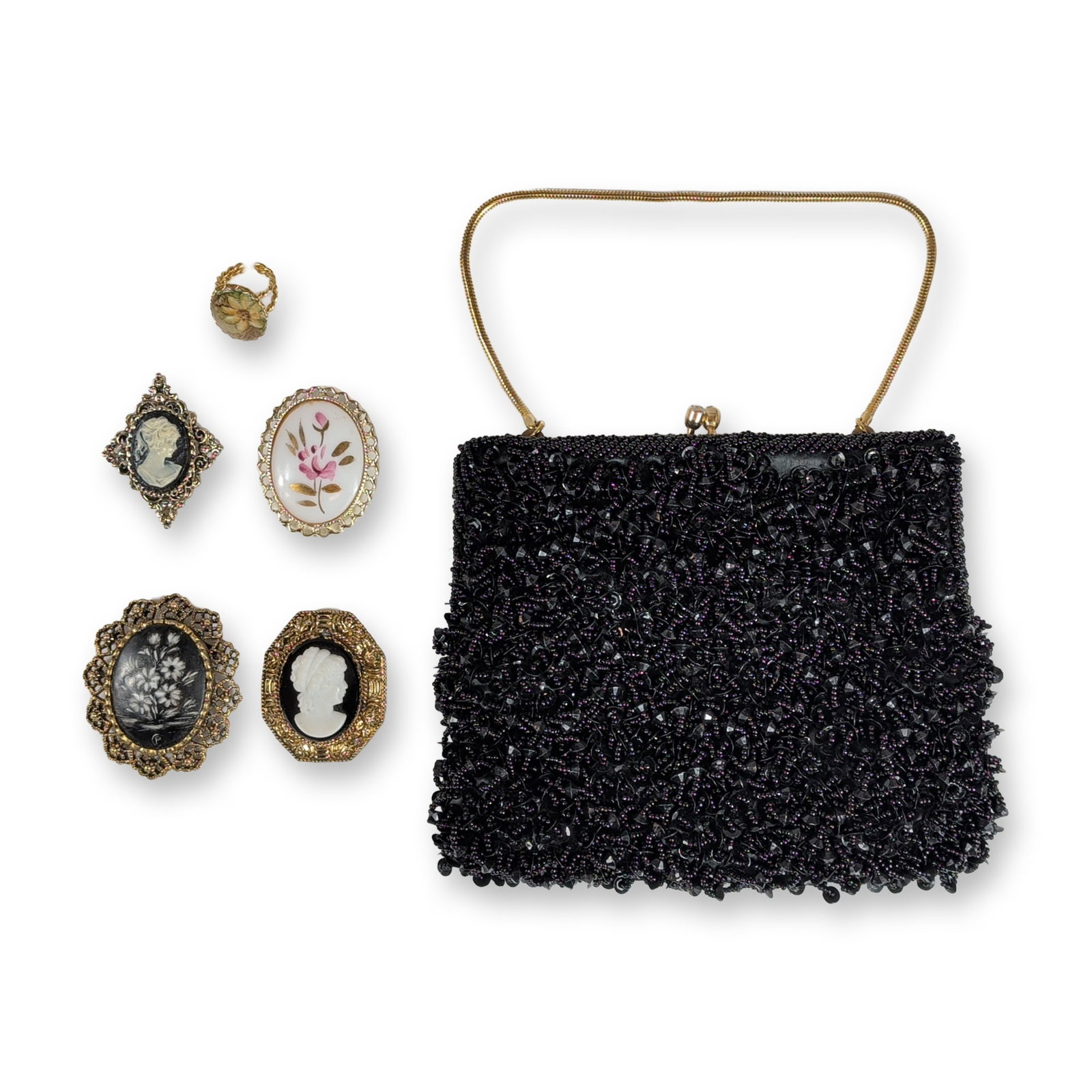 6pc Vintage Beaded Evening Bag and Five Cameo Jewelry Pieces: Mid-century style evening bag and a collection of five cameo-style costume jewelry pieces. The bag is constructed with a black fabric exterior densely embellished with seed beads and sequins,