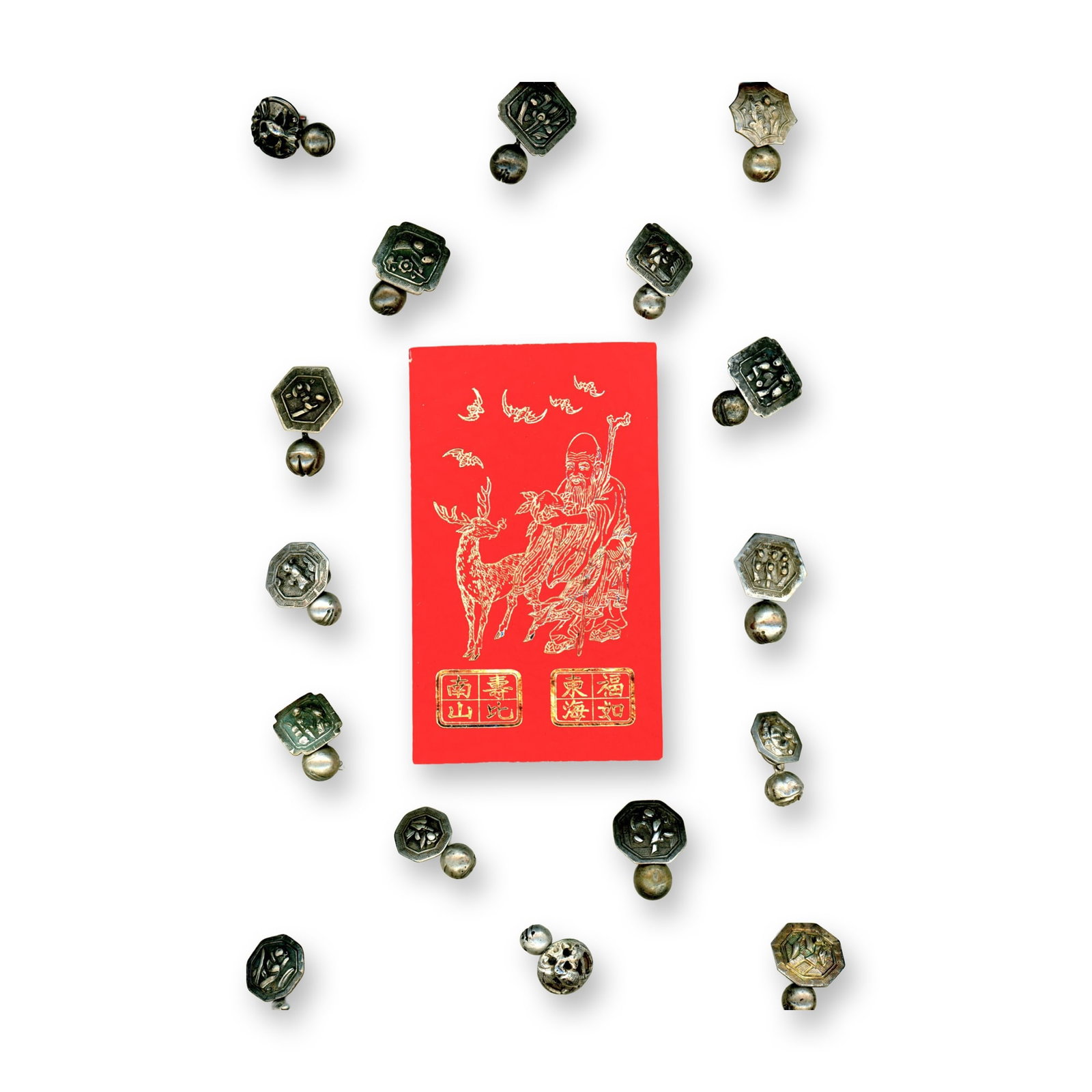A CARD OF DIVISION ONE CHINESE METAL BUTTONS: 16 Silver Toggle button examples from the 19th century. This is a card of early Chinese silver toggle buttons of two piece construction. Some pictorials and perhaps even an enamel example may be on he