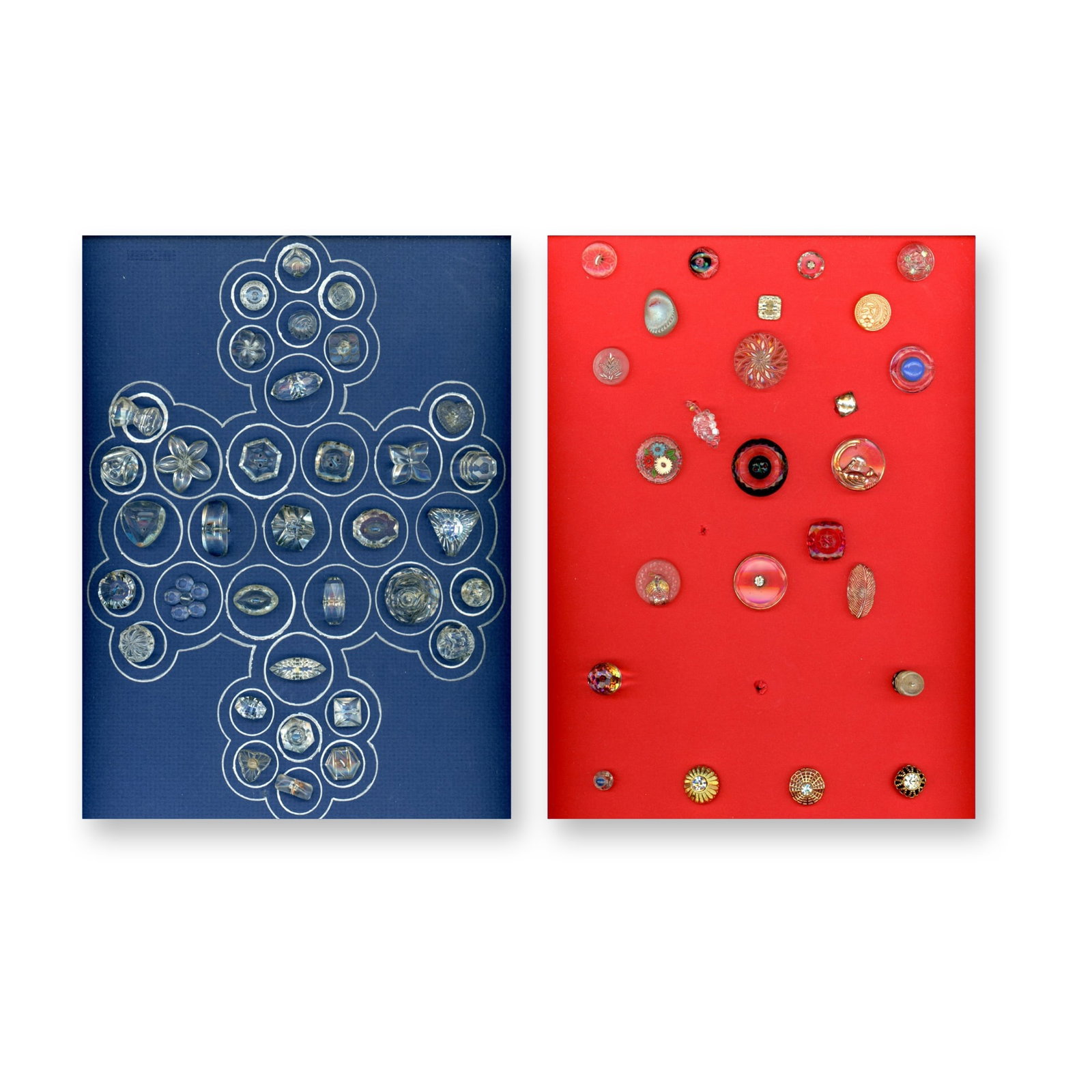 2 CARDS OF ASSORTED CLEAR GLASS BUTTONS: 61 Small/Medium Crystal clear glass some with DF. This lot has one card of beautiful crystal clear glass many with beautiful faceting, the other card has examples with paint, pearlized, and more.\
