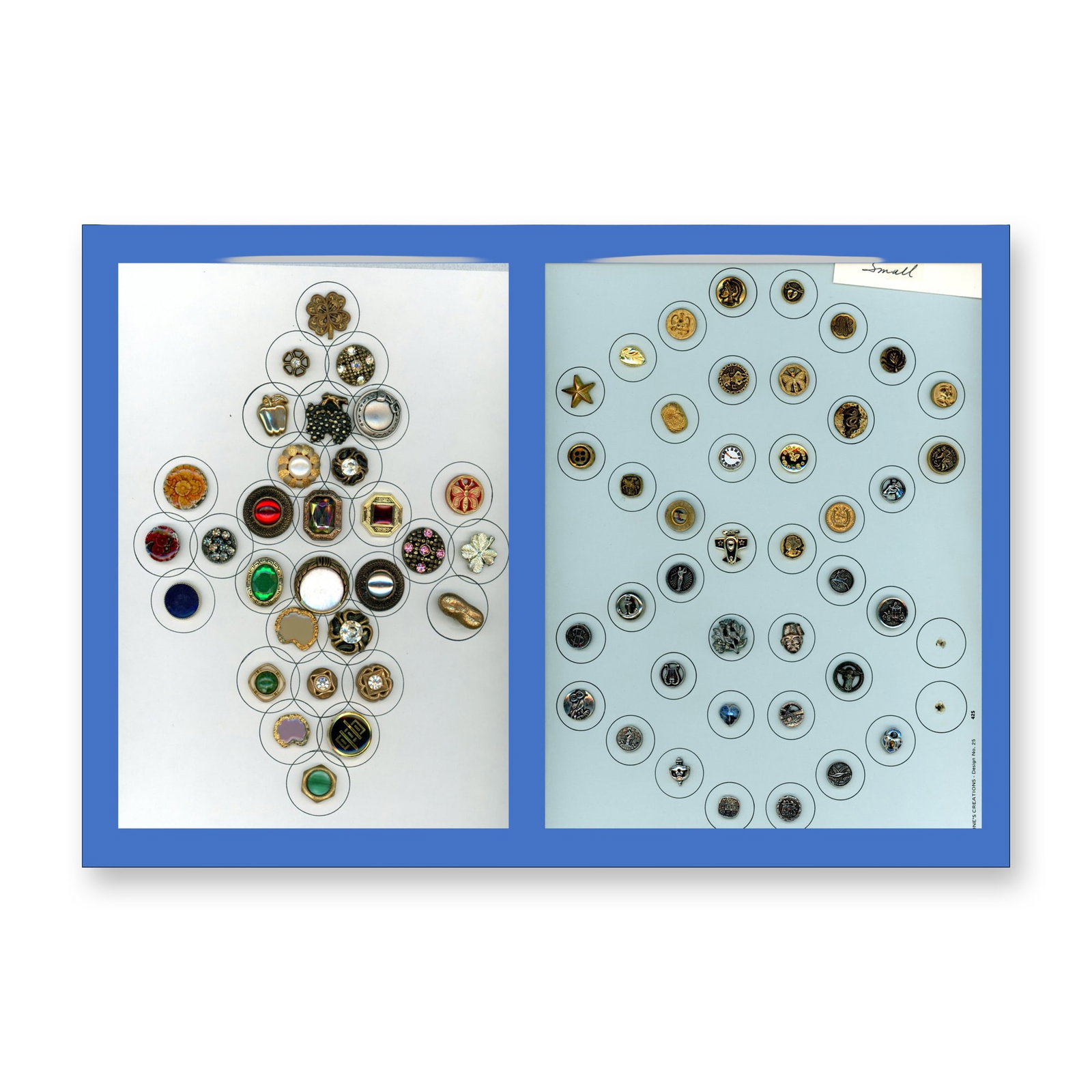 2 CARDS OF DIVISION THREE METALIZED PLASTIC BUTTONS: 70 Small/Medium 20th century gold and silver colored examples. This card includes many pictorials and patterns and sizes and also includes several realistic shape examples, Dimensions: SM=Less than 3/